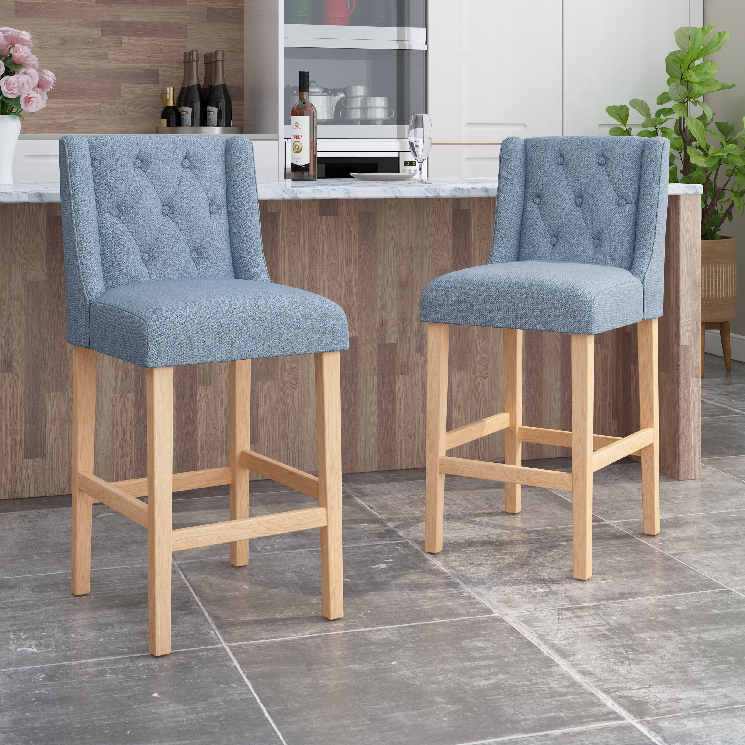 Noble House Brandon Button Tufted Fabric Wingback Bar Stool, Set of 2, Light Blue, Natural - Image 2