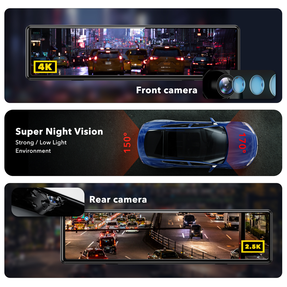 REDTIGER 11" UHD Full Touch Screen Rearview Mirror Dash Cam, 4K Front and 2.5K Rear Backup Camera, Night Vision, GPS - Image 8