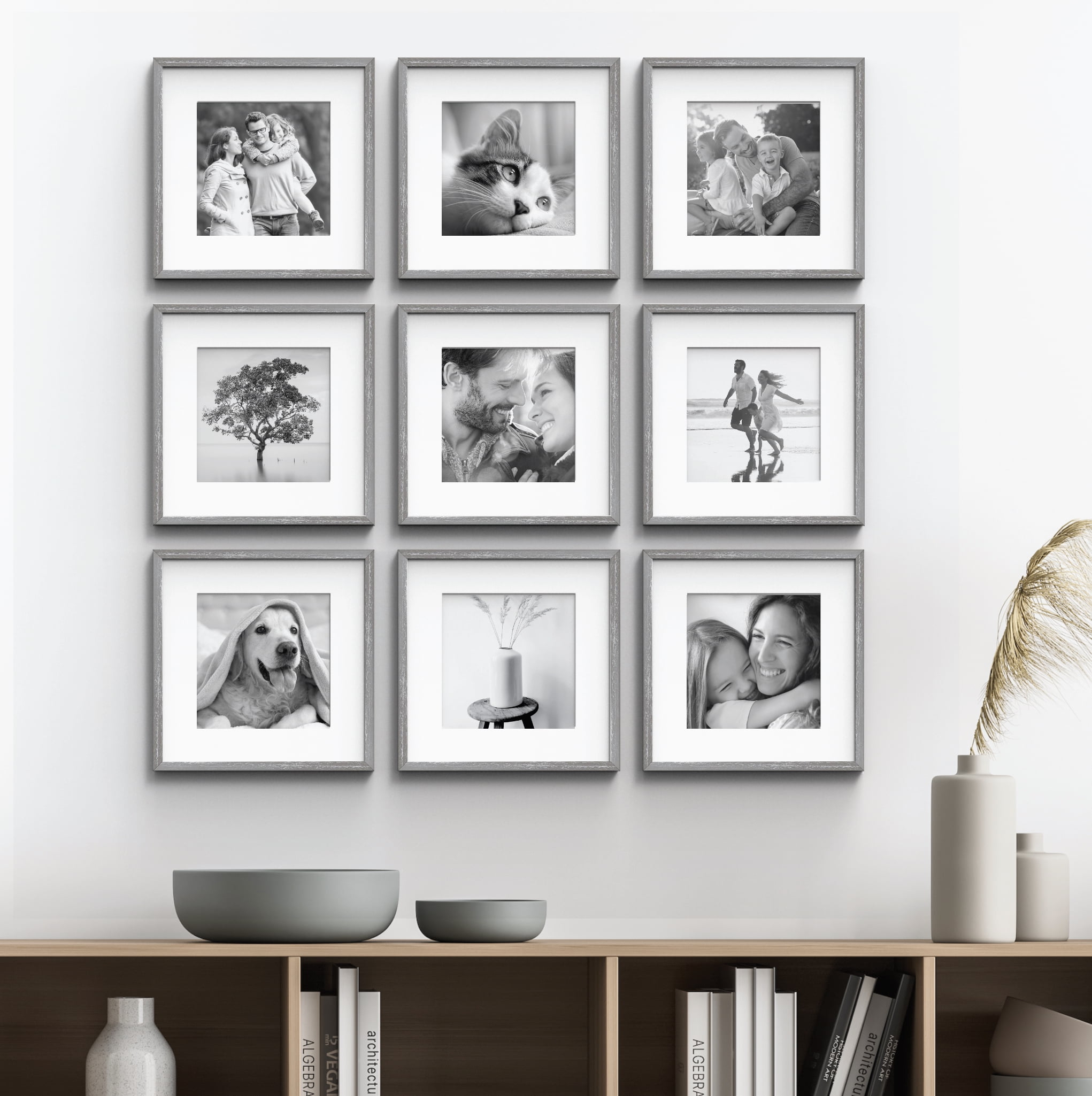 Gallery Perfect 9 Pieces 12' x 12' Square Wall Picture Frame Set with Hanging Template -Gray - Image 6