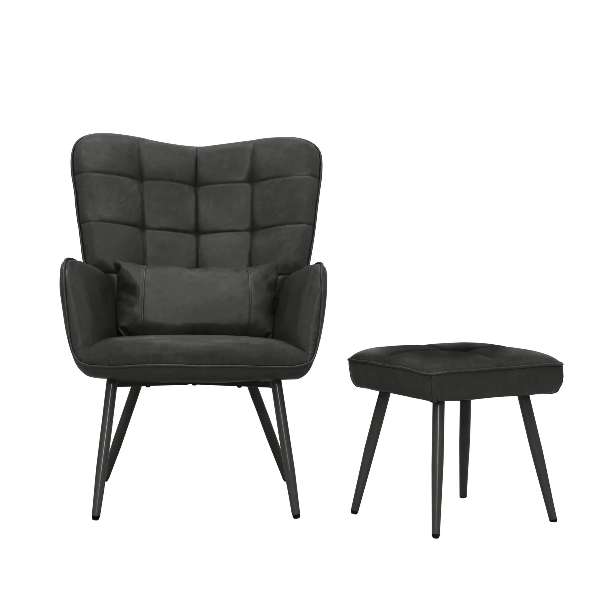 Abble Faux Leather Accent Chair with Ottoman and Toss Pillow for Living Room, Bed Room, Black - Image 2