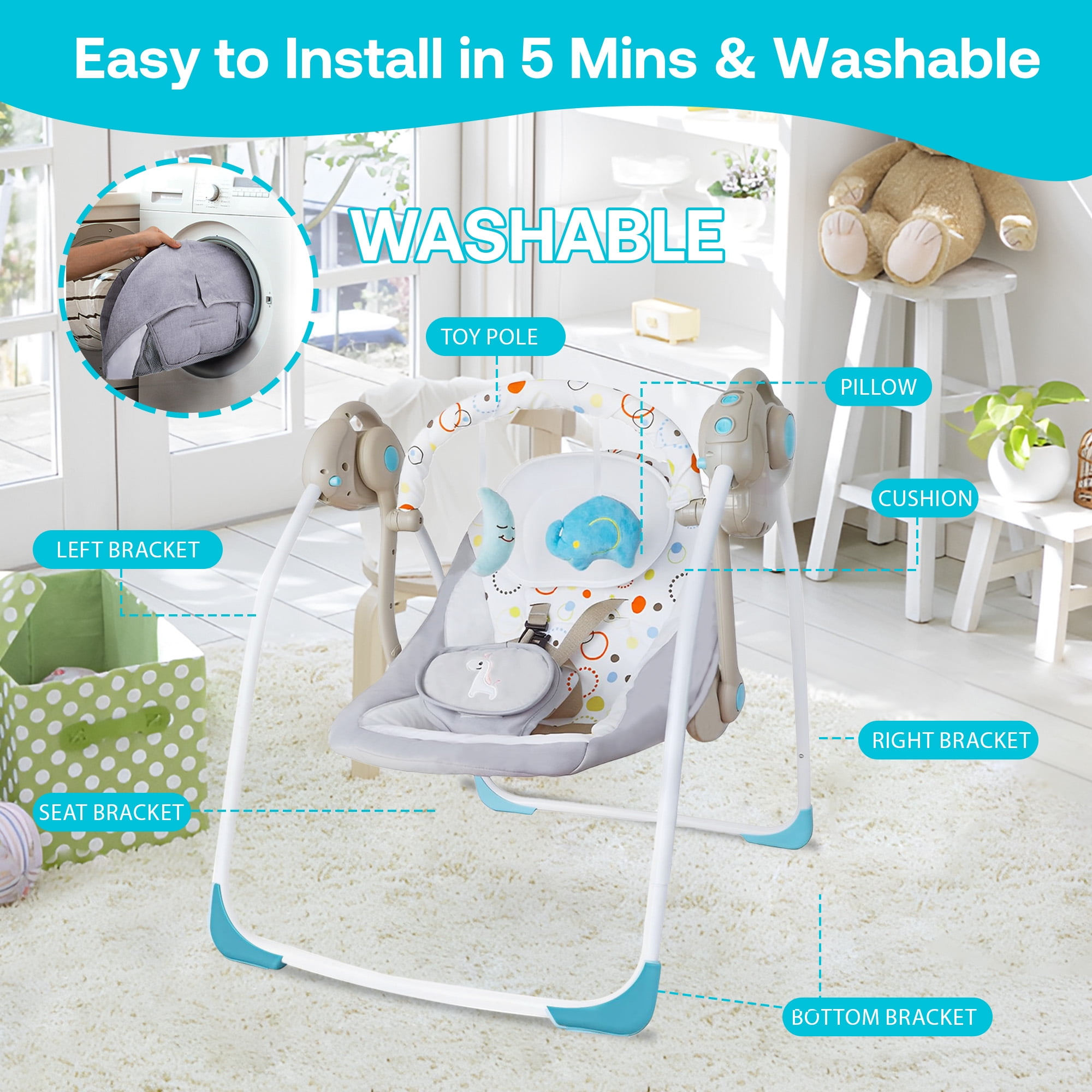 Yadala Baby Swing, Foldable Baby Swing for Infants with Adaptable Speeds, Music, 0-9 Months, Khaki - Image 7