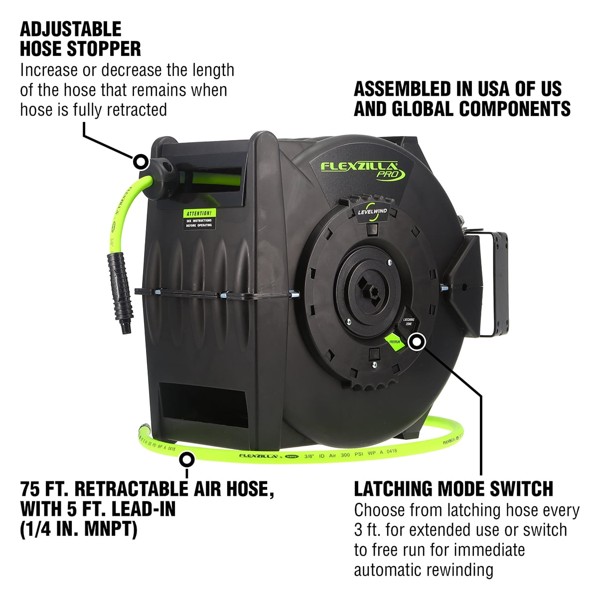 Flexzilla® Pro Retractable Air Hose Reel with Levelwind Technology, 3/8" x 75', ZillaGreen® - Image 4