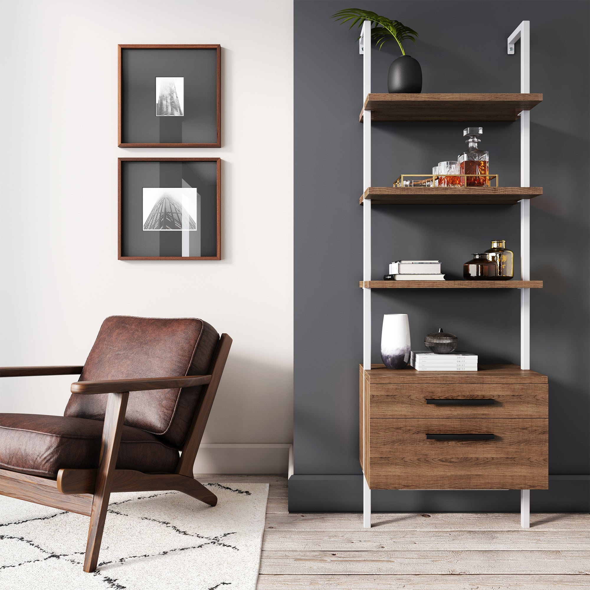 Nathan James Theo Open Shelf Bookcase with Drawers in Rustic Oak Wood and White Steel Frame - Image 2
