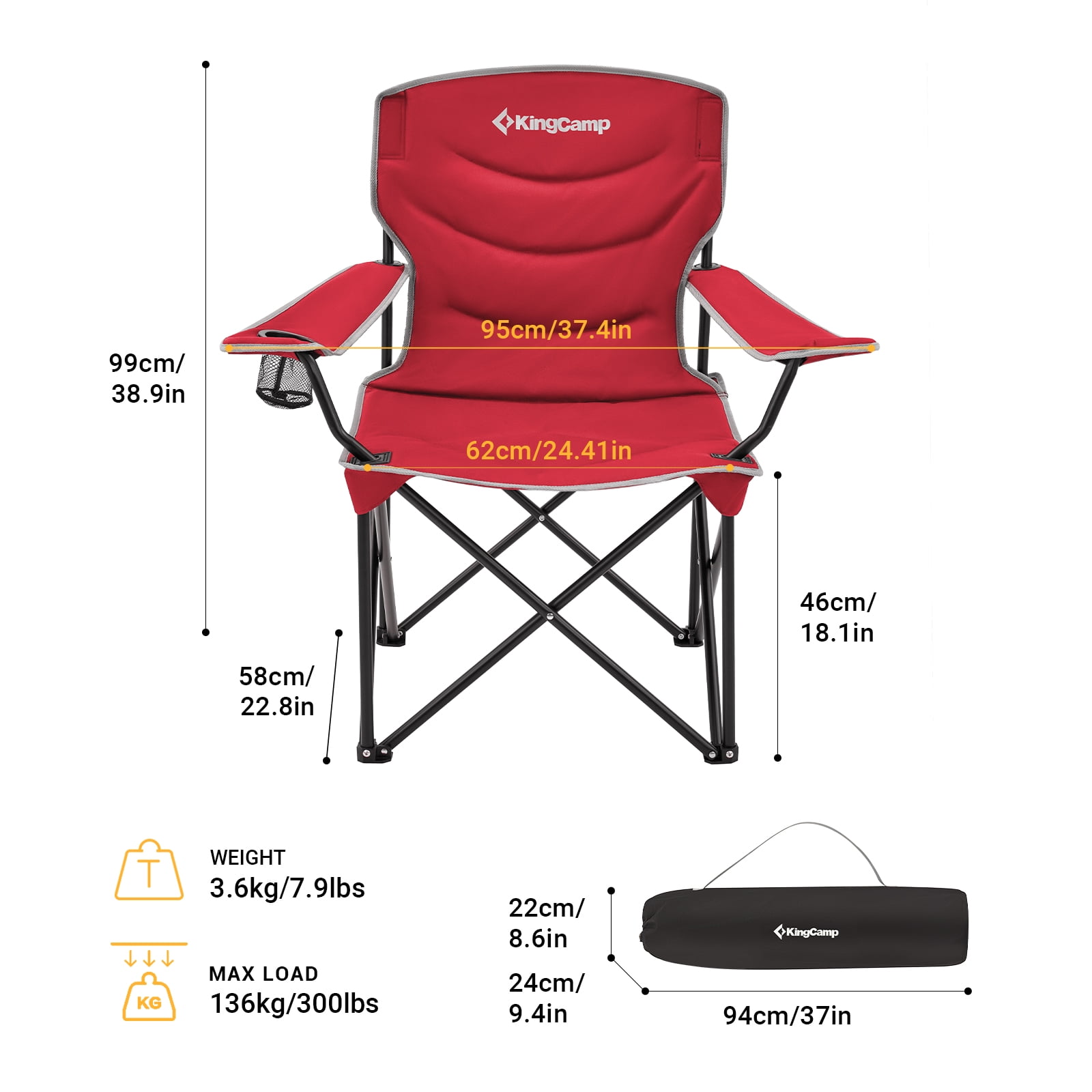 KingCamp Adult Oversized High-Back Folding Camping Chair - Padded Arms, Portable for Outdoor, Lawn, Beach & Red - Image 3