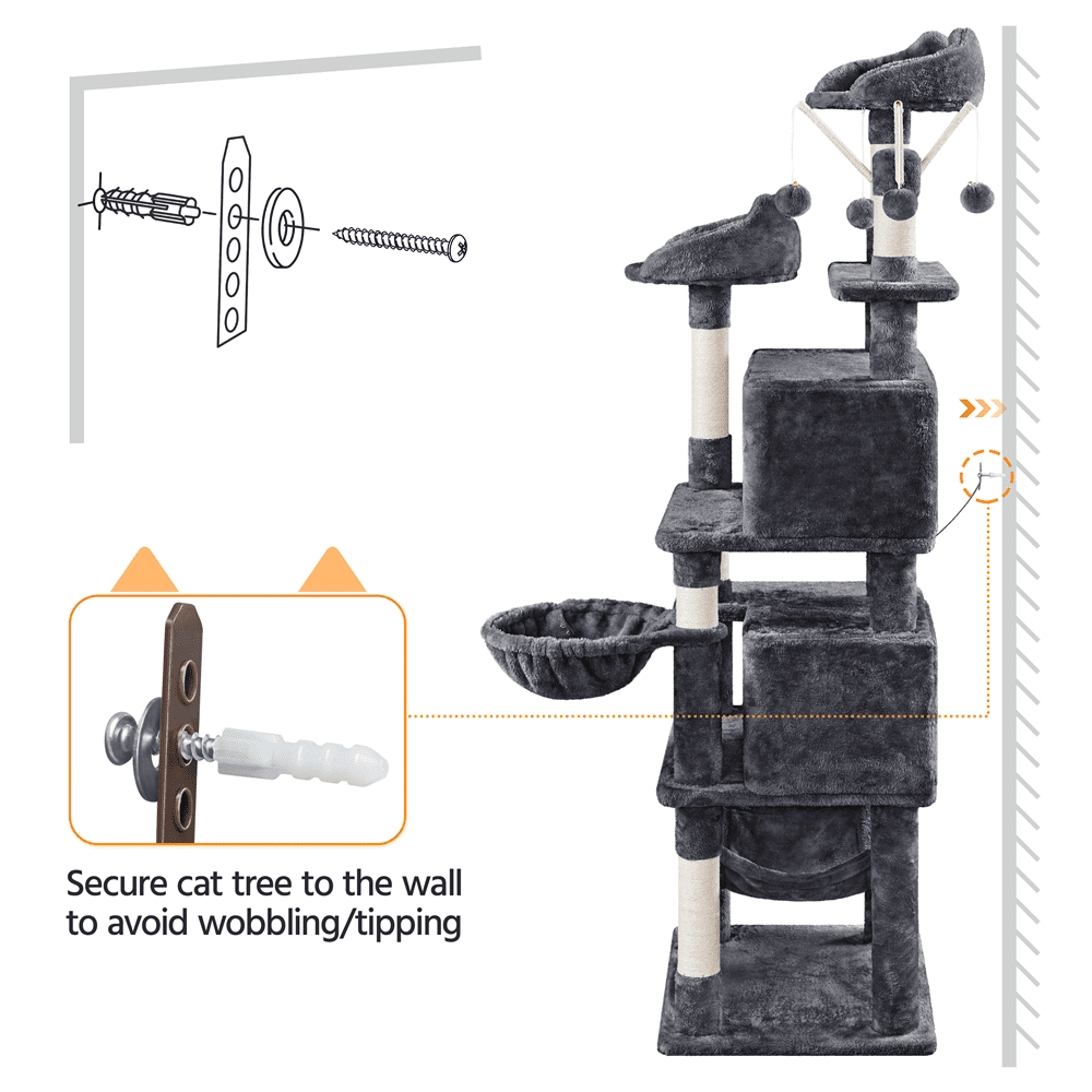 Alden Design 67" H Multi-Level Cat Tree Tower with 2 Cat Condos & Hammock Basket, Dark Gray - Image 2