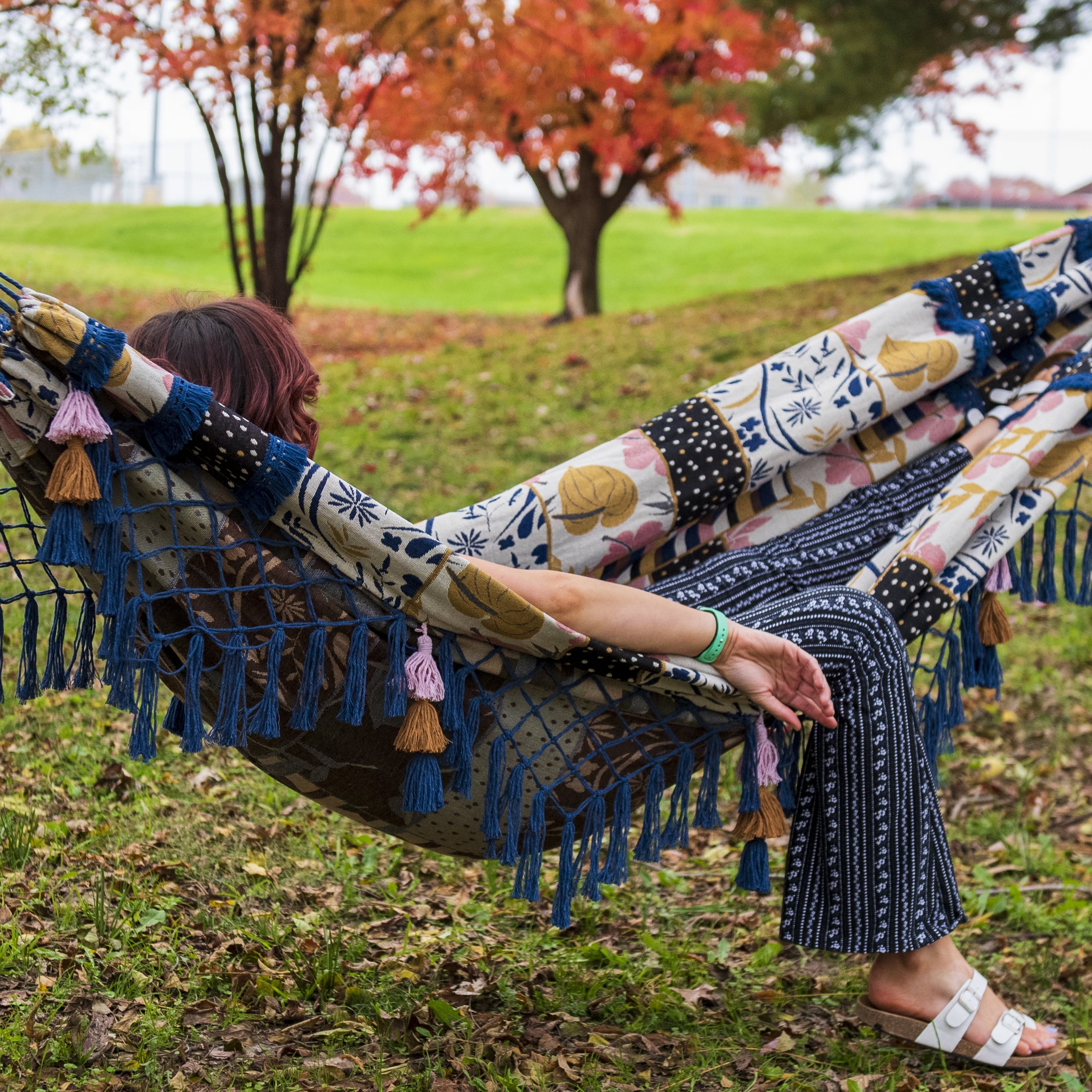 Equip Jacquard Bohemian Macrame Hammock, Blue Patchwork Print, Size 126 in. L x 59 in. W - Image 4