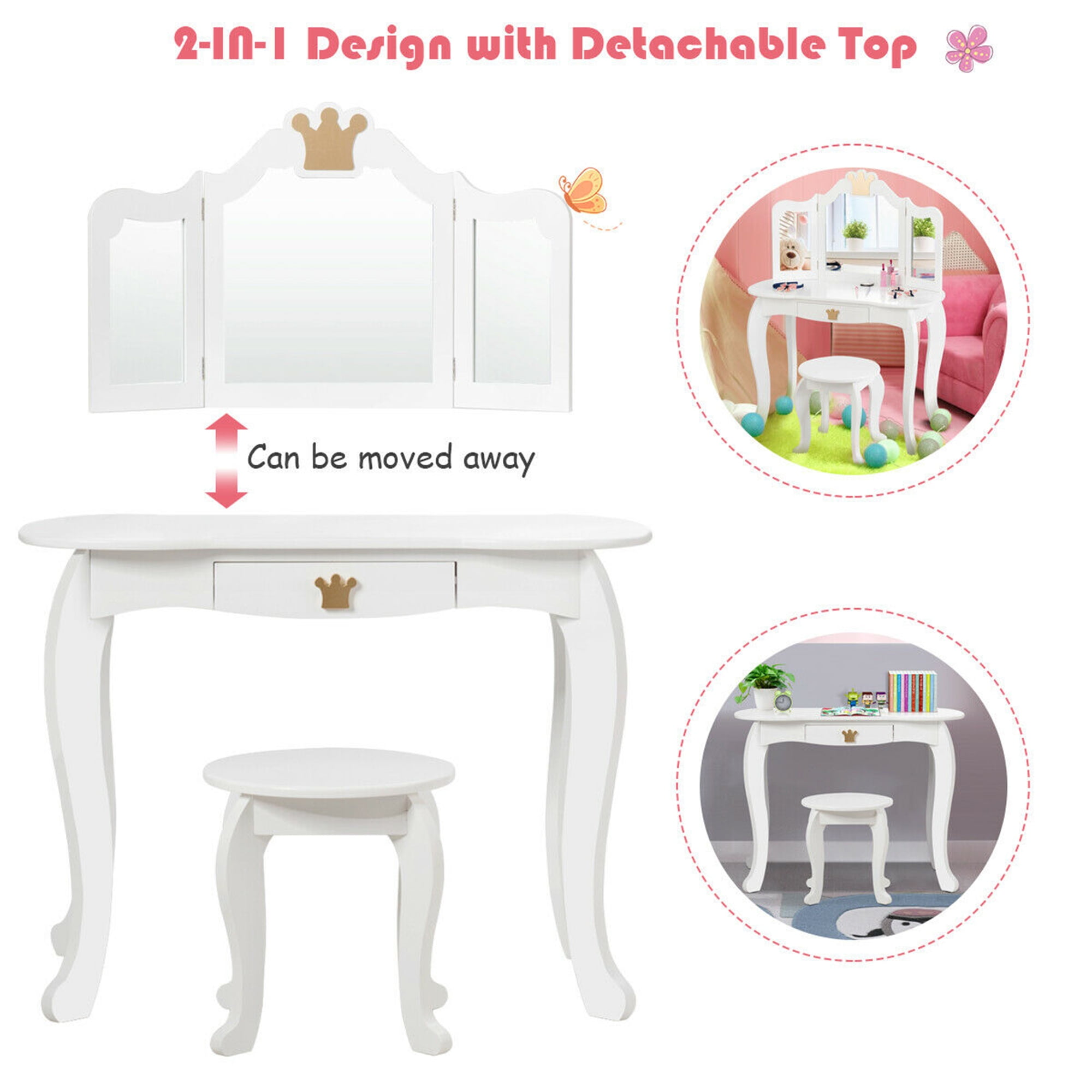 Gymax Kids Makeup Dressing Table Chair Set Princess Vanity & Tri-folding Mirror White - Image 7