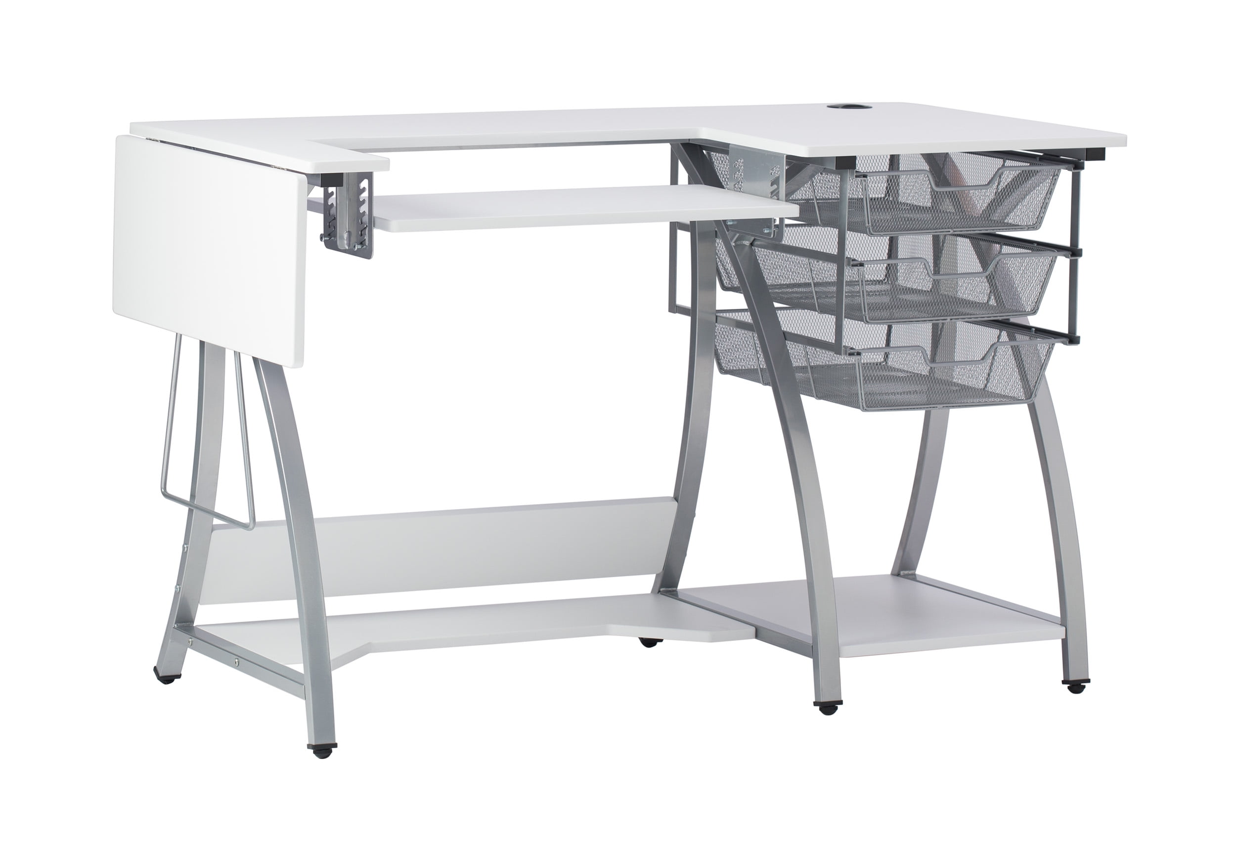 Sew Ready Pro Stitch Sewing Desk with Folding Top Metal Drawers and Storage Shelves Shilver/White - Image 9