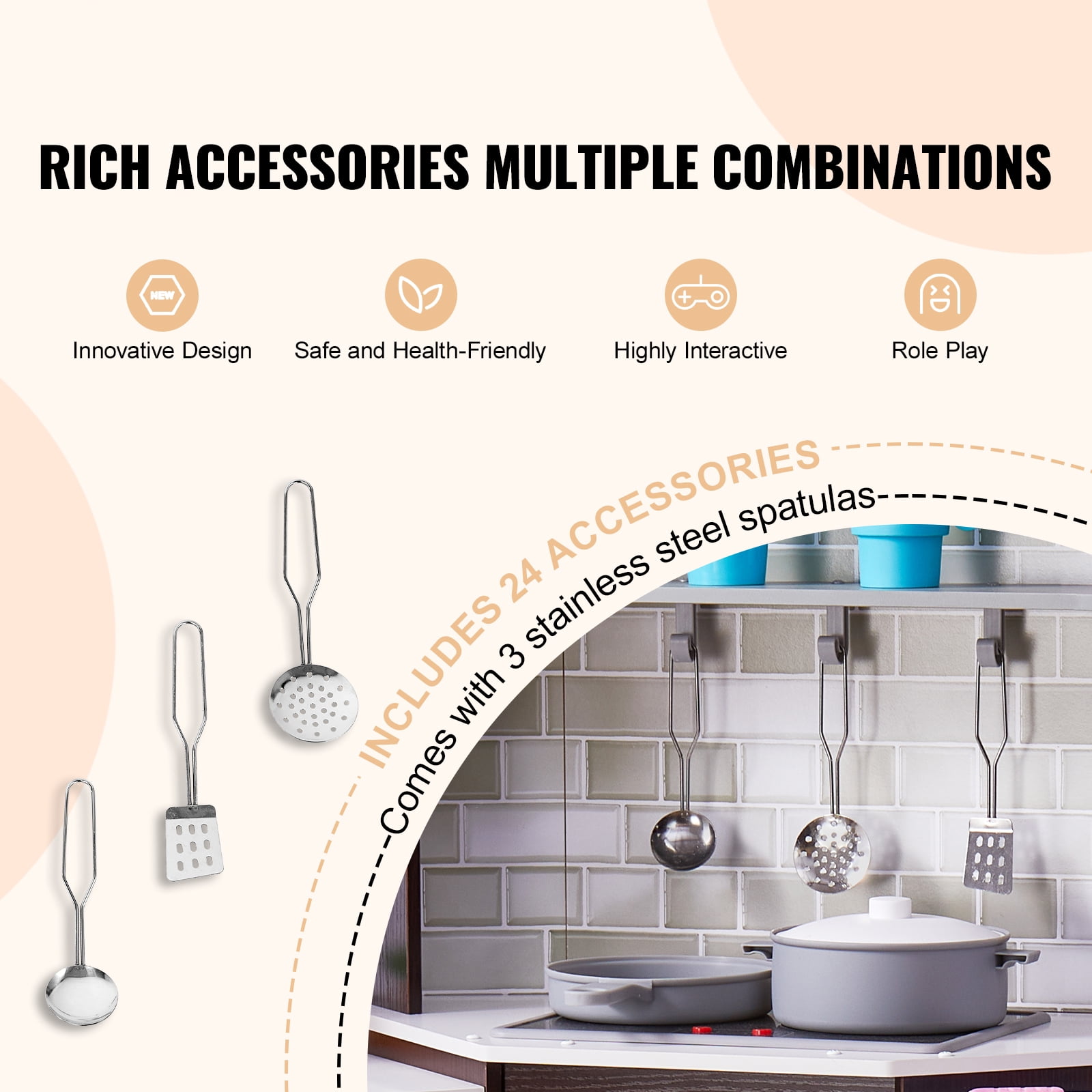 KFFKFF Play Kitchen Set for Kids, Includes Light & Sound Features, Kids' Kitchen with Ice Dispenser, Oven, Sink, Clock, Microwave, Fridge & Accessories, Ideal for Toddlers & Preschoolers, in Brown - Image 9