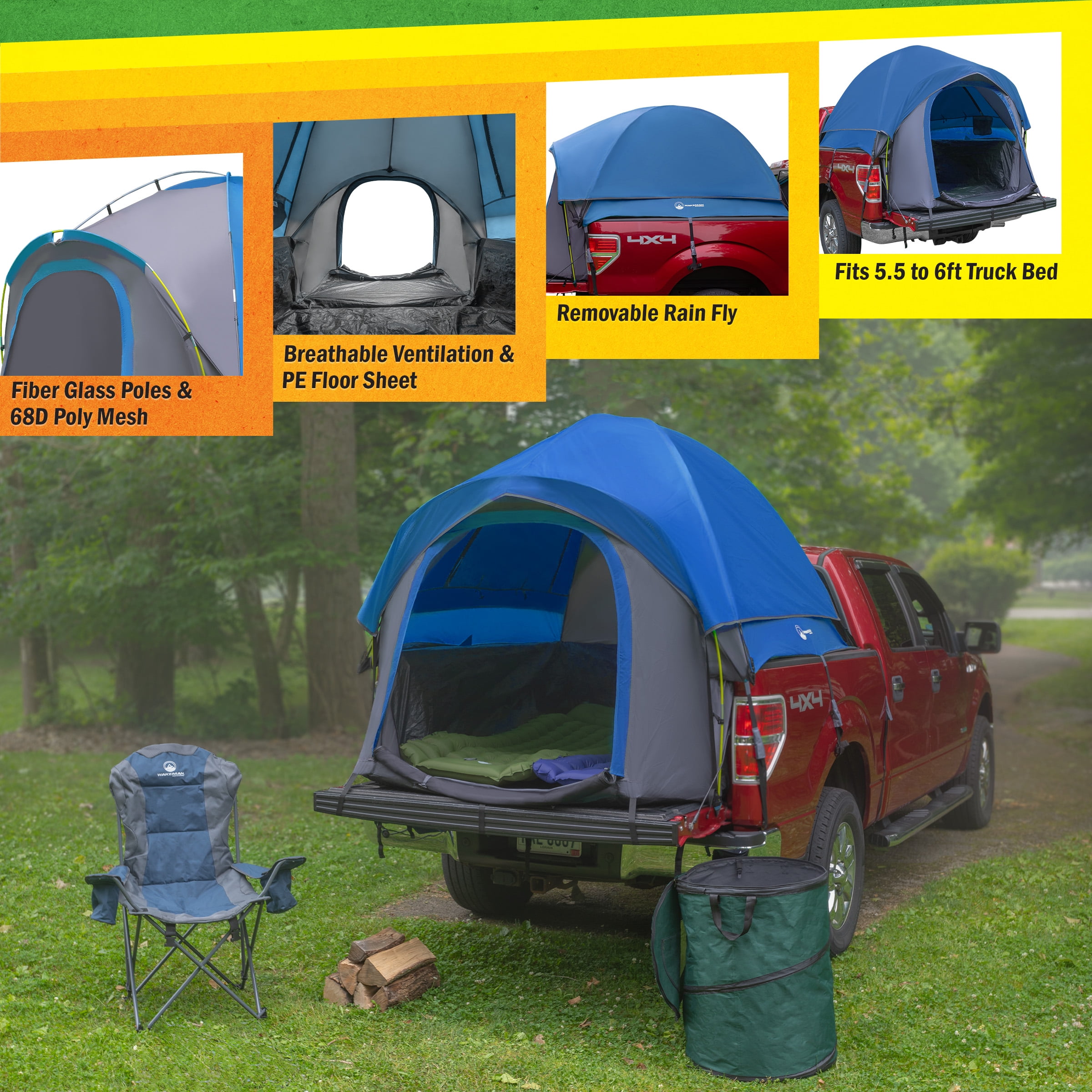 Wakeman Outdoors Water-Resistant Truck Bed Camping Tent for 5.5-6 Ft, 2-Person, Blue - Image 11
