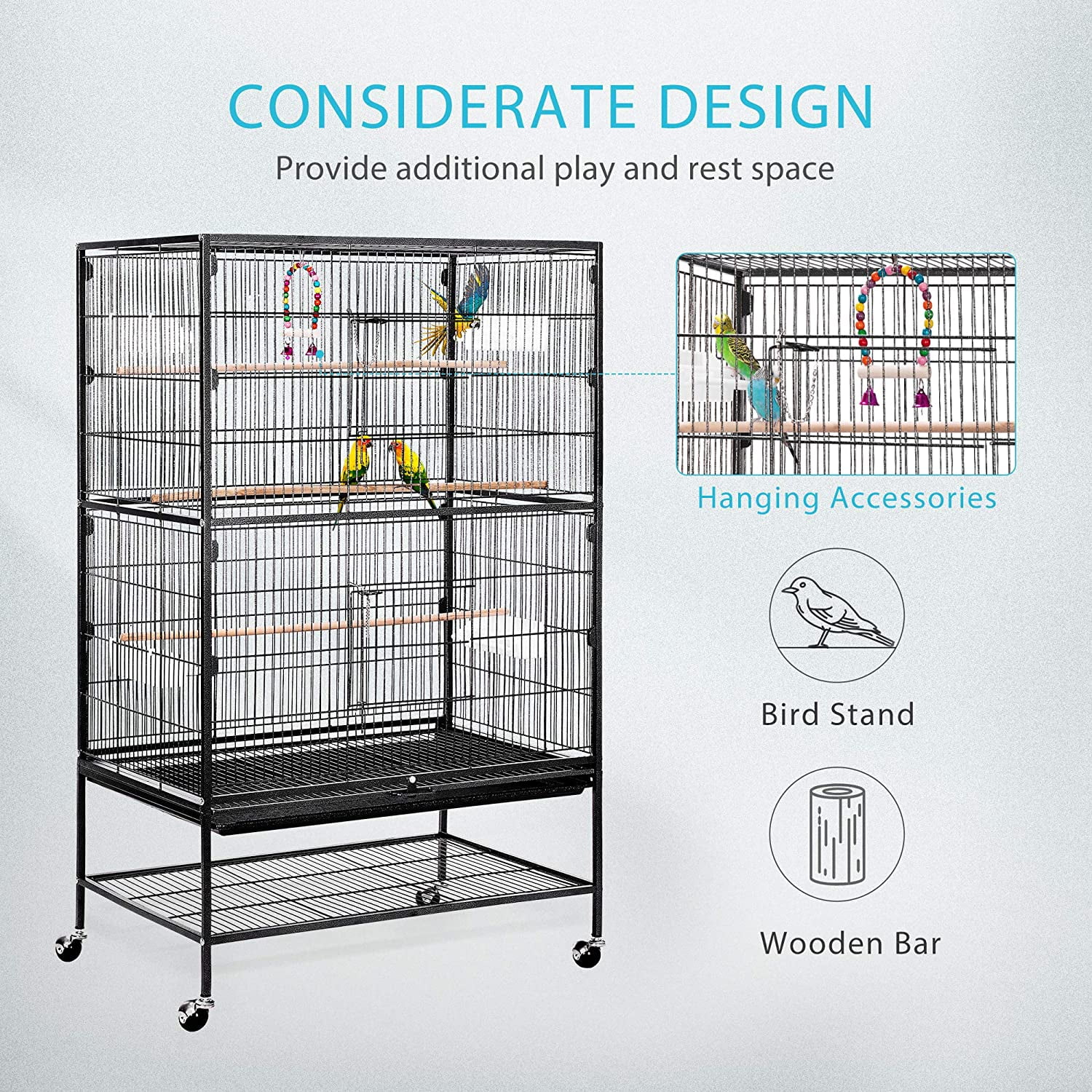 VIVOHOME 53" Large Rolling Metal Bird Cage for Parrots Conures Lovebird Cockatiel Parakeets, Black - Image 2