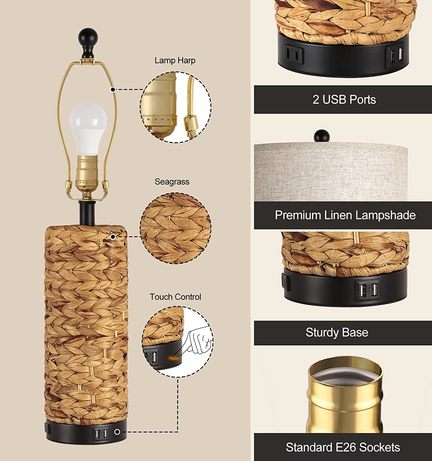 Partphoner 26'' Tall Coastal Farmhouse Touch Table Lamps Set of 2 with 3 Way Dimmable, 2 USB Ports - Image 3