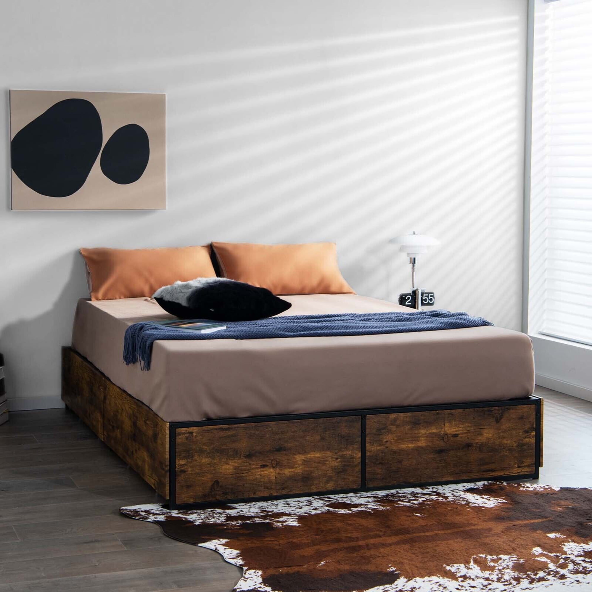 Gymax Queen Industrial Metal Platform Bed Frame with 4 Drawers Wooden Footboard - Image 2