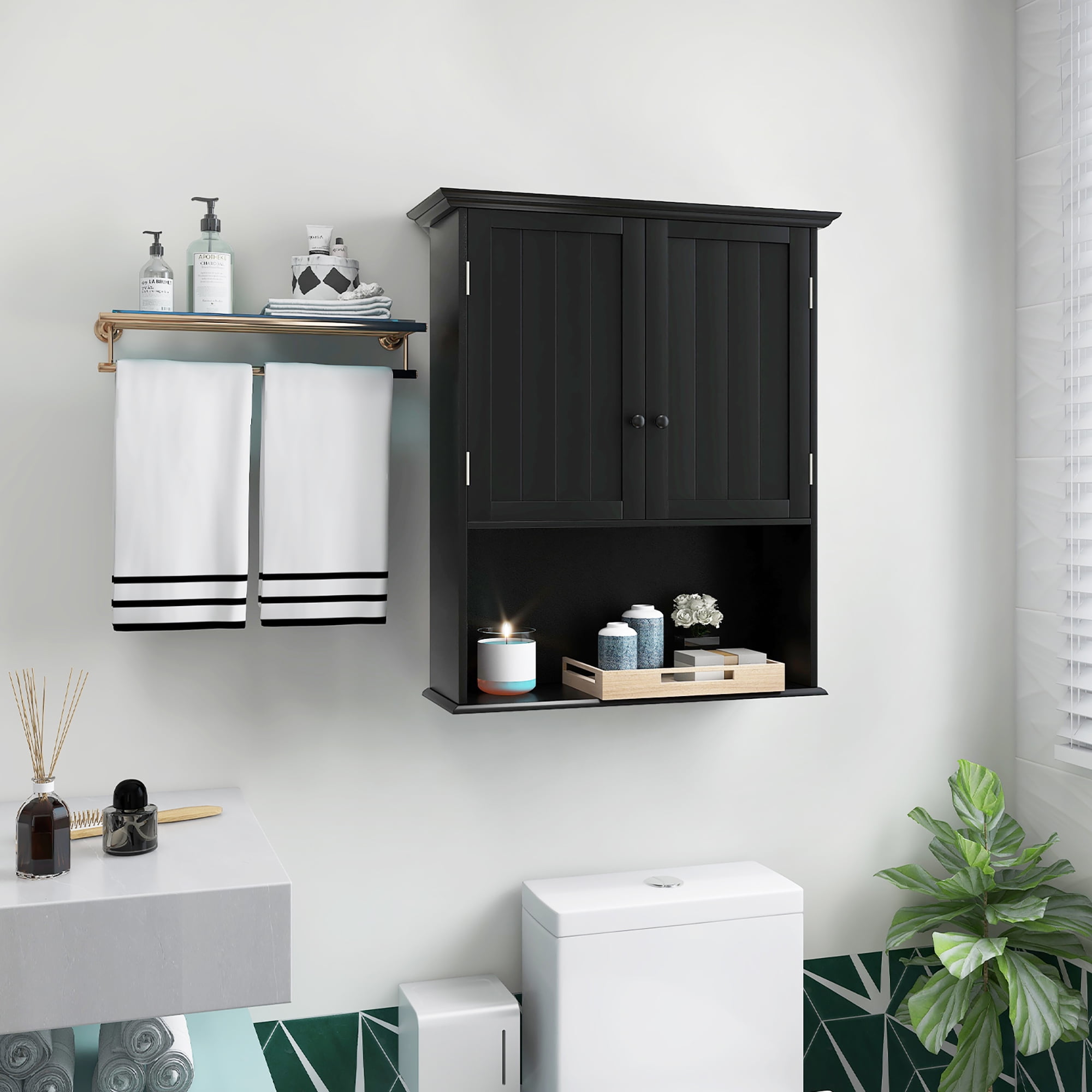 Costway Wall Mount Bathroom Cabinet Wooden Medicine Cabinet Storage Organizer Black - Image 7