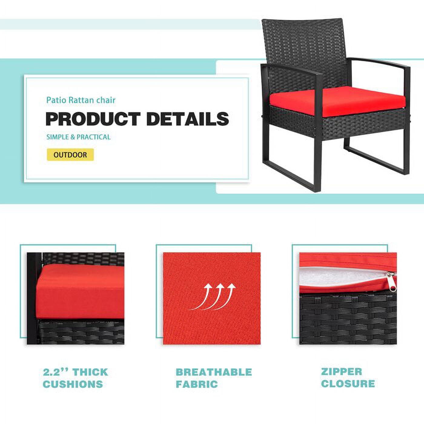 Vineego 3 Pieces Bistros Sets Outdoor Wicker Patio Furniture Sets PE Rattan Chairs Conversation Sets with table, Red - Image 8