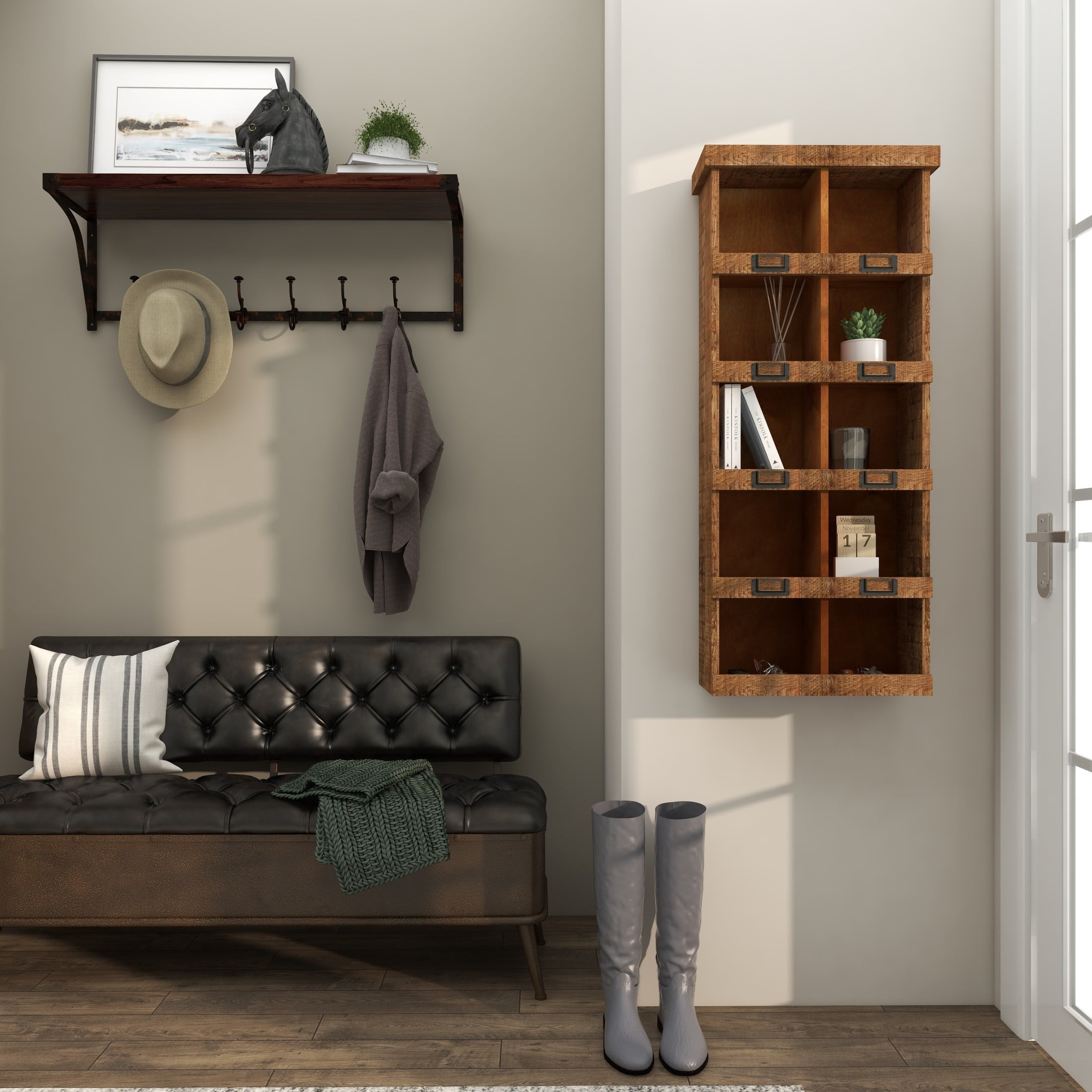 DecMode Rustic Bookcase Inspired Wood Wall Shelf with 10 Square Units and Brown Wood Grain Finish, 18"W x 42"H - Image 12
