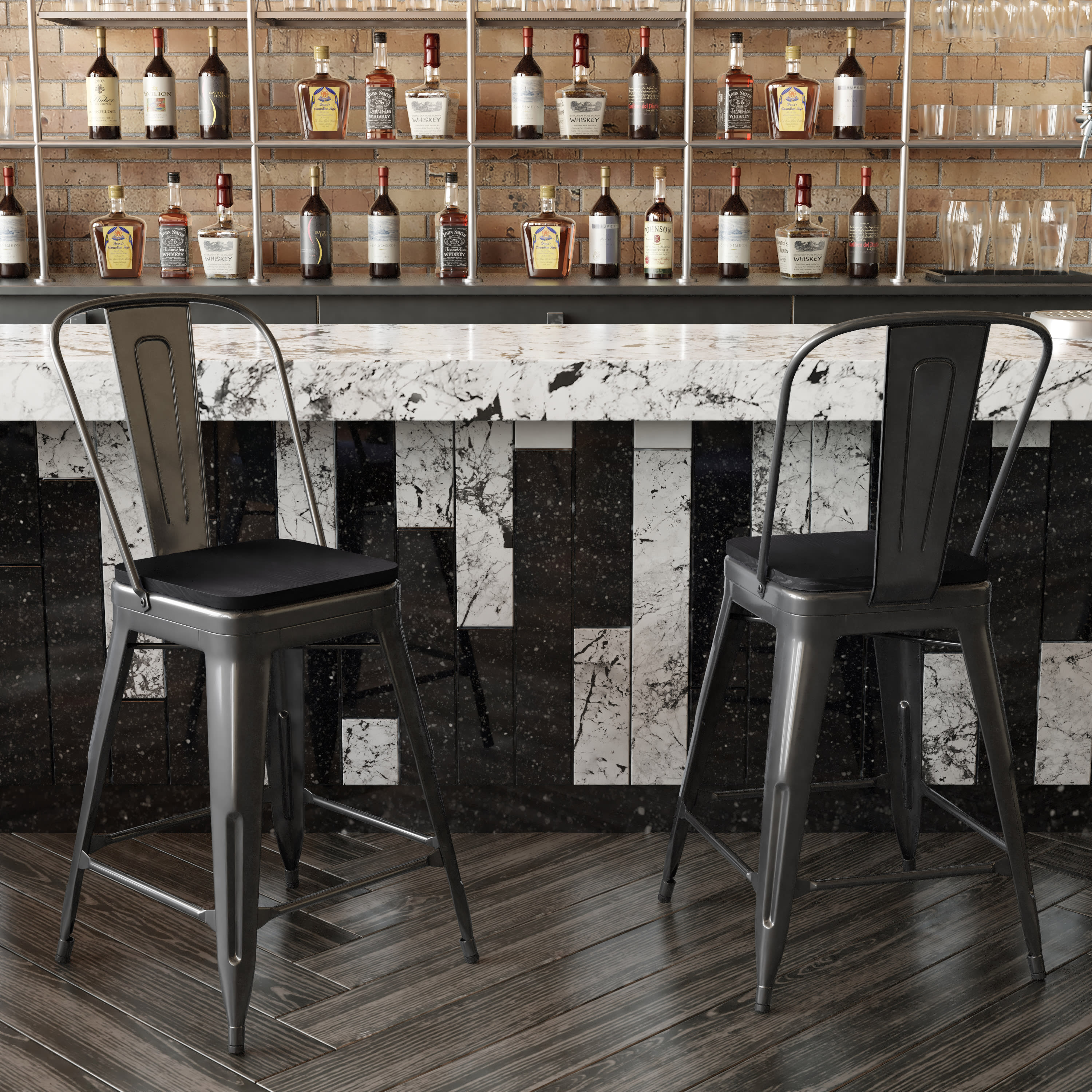 Flash Furniture Kai Commercial Grade 24" High Black Metal Indoor-Outdoor Counter Height Stool with Removable Back and Black All-Weather Poly Resin Seat - Image 4