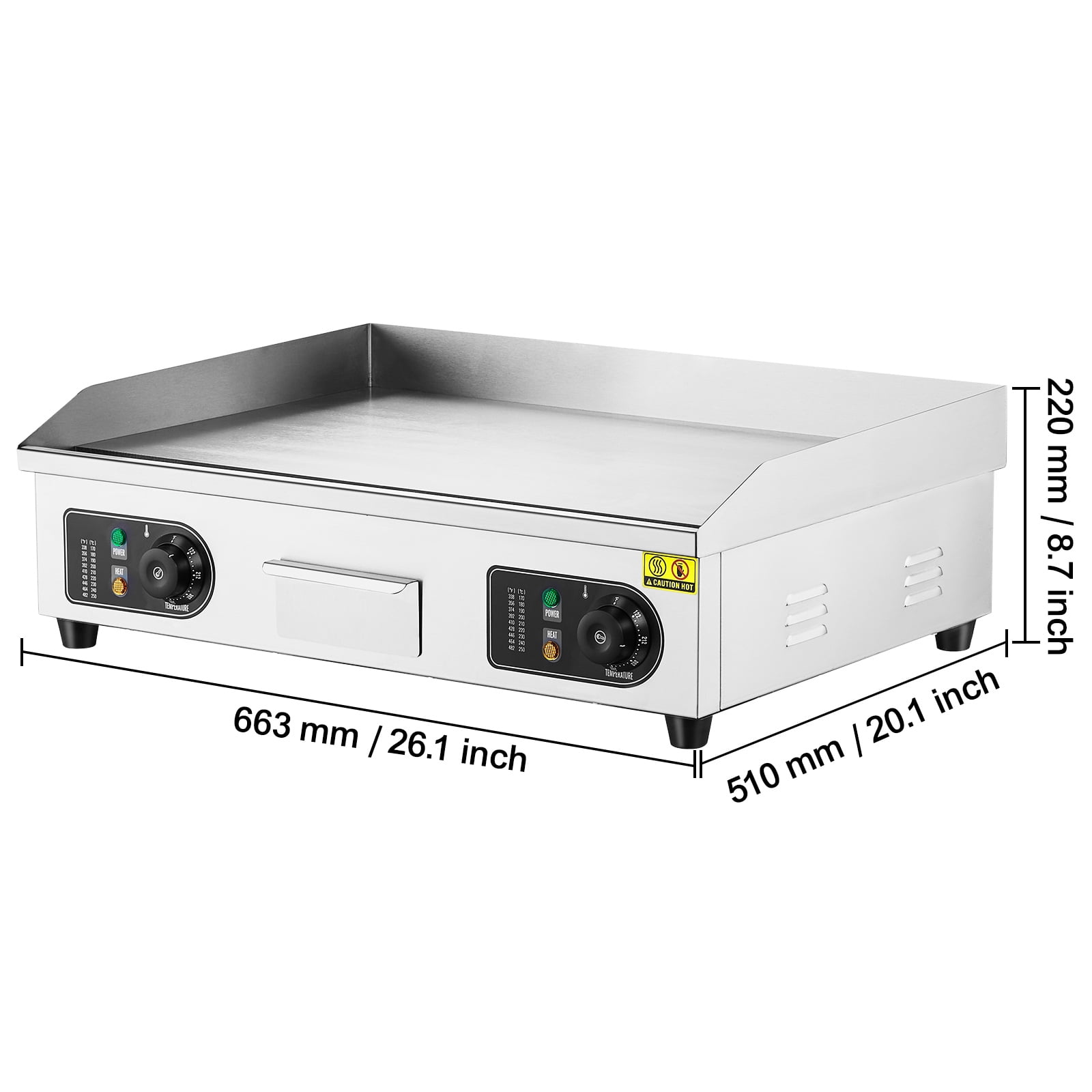 KFFKFF 26" Commercial Electric Griddle 2800W, Adjustable Temperature from 122℉ to 572℉, Stainless Steel Flat Top Grill, 25.98" x 15.75" x 0.39", Includes 2 Shovels and 2 Brushes - Image 9