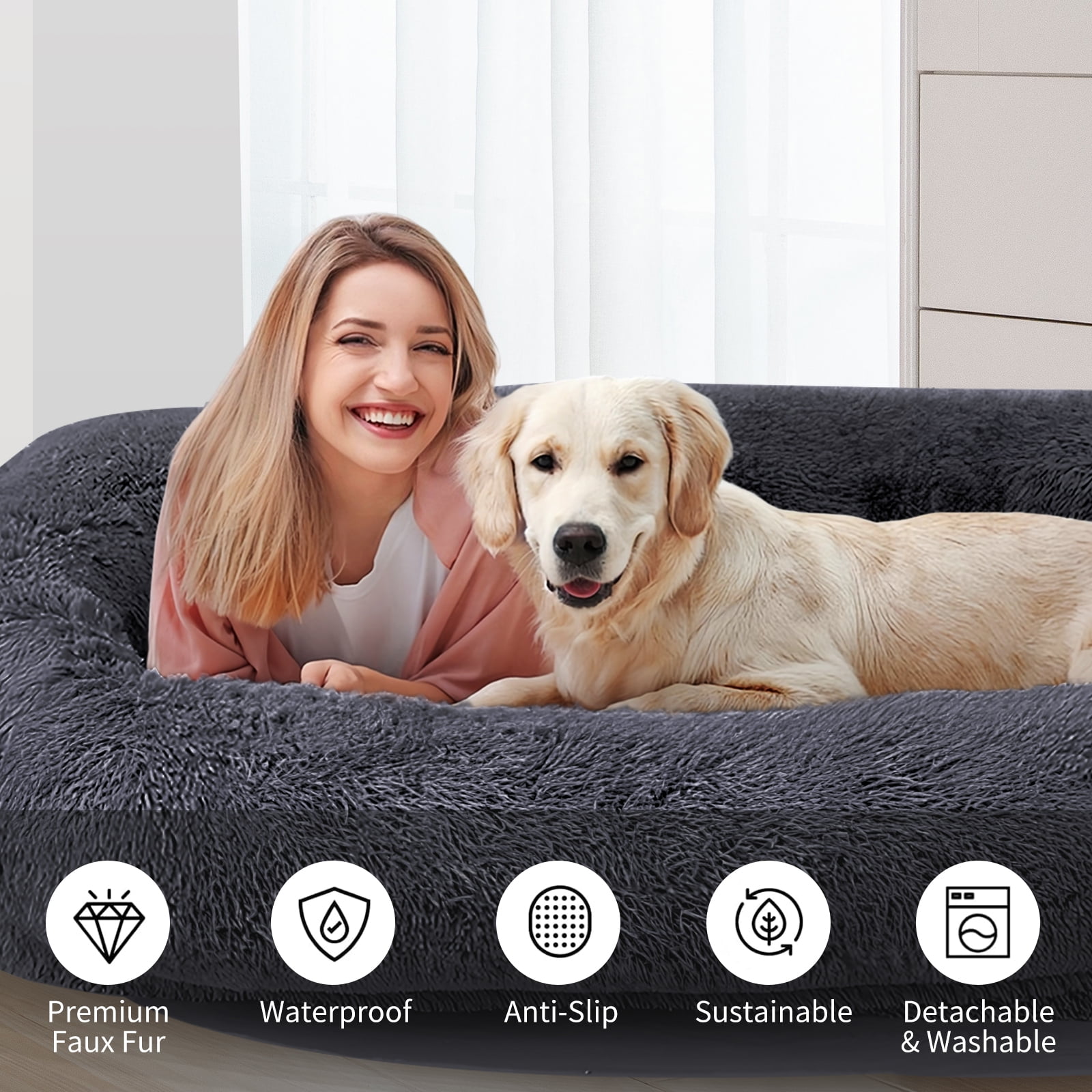 XCLOUD Human Dog Bed, 75''x45''x14'' Large Size Fits for Adults, Washable Cover Dog Bed, Present Plump with Pillow and Blanket, Dark Gray - Image 2