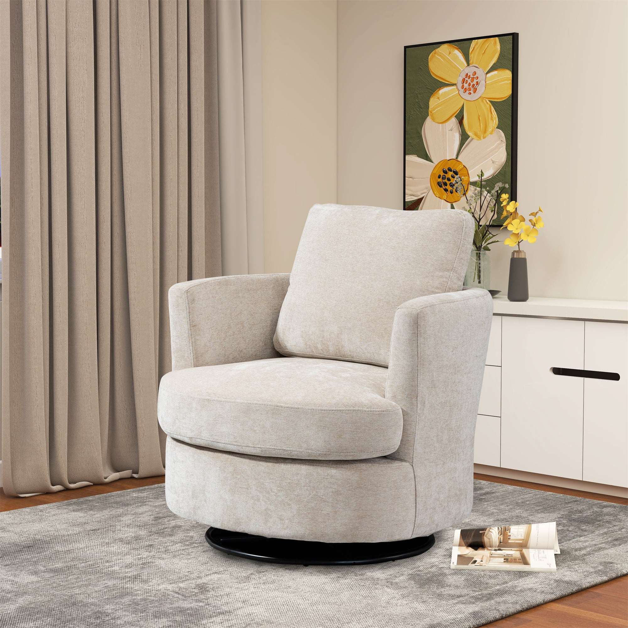 Aukfa 32" Wide Swivel Barrel Chair Accent Chair with Pillow for Living Room Bedroom, Chenille, Beige - Image 7