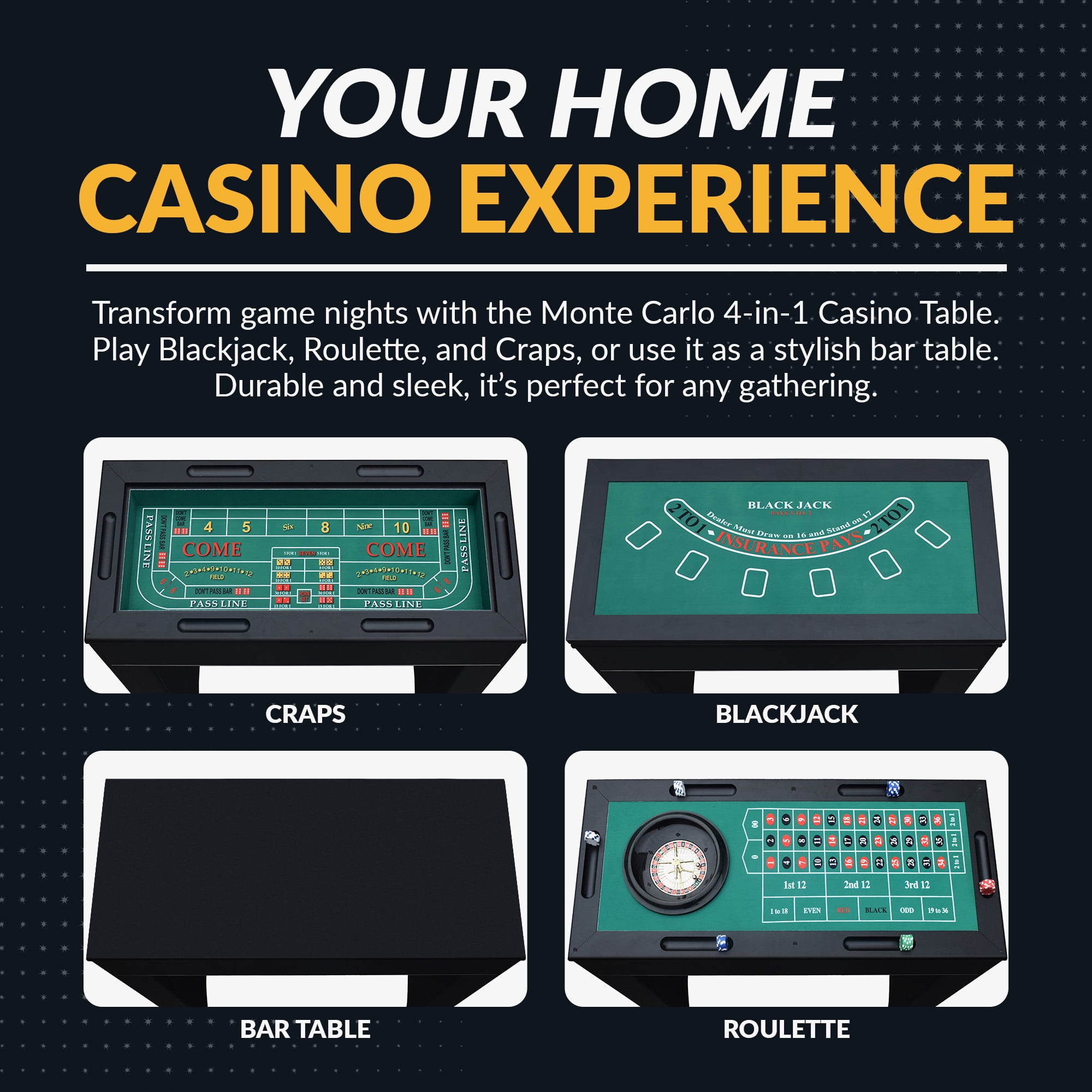 Hathaway Monte Carlo 4-In-1 Casino Table with Blackjack, Roulette, Craps and Bar Table, Black, Green, 47.75-In W - Image 7