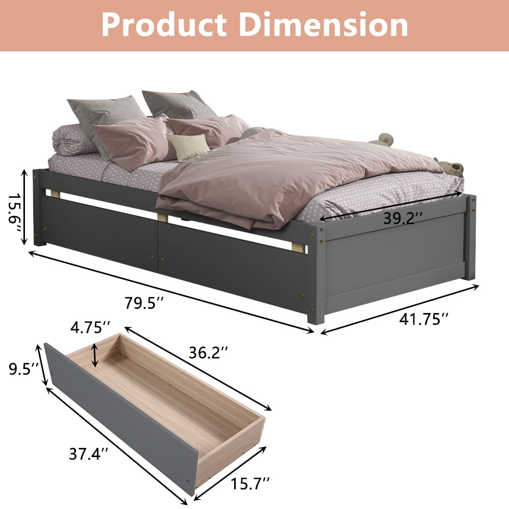 PORKISS Twin Platform Bed Frame with Storage Drawers, Solid Wood Twin Size Bed Frame, Modern Bedroom Furniture Single Bed for Kids Teens Adults, No Box Spring Needed, Gray - Image 10