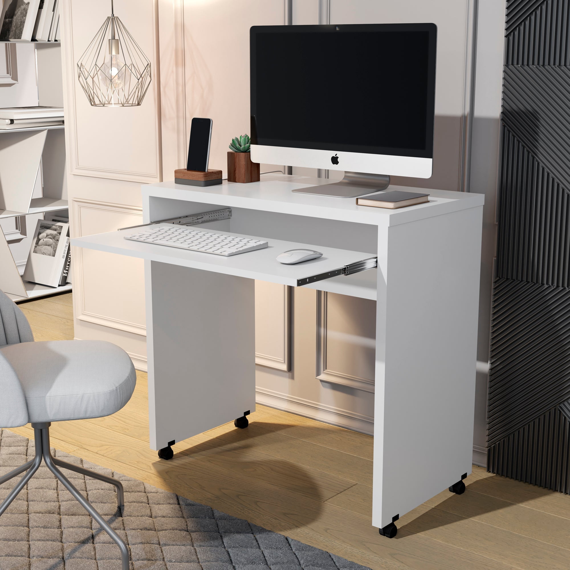 Boahaus Kyoto Mobile Computer Desk with Keyboard Tray and Wheels, White, for Adults - Image 2