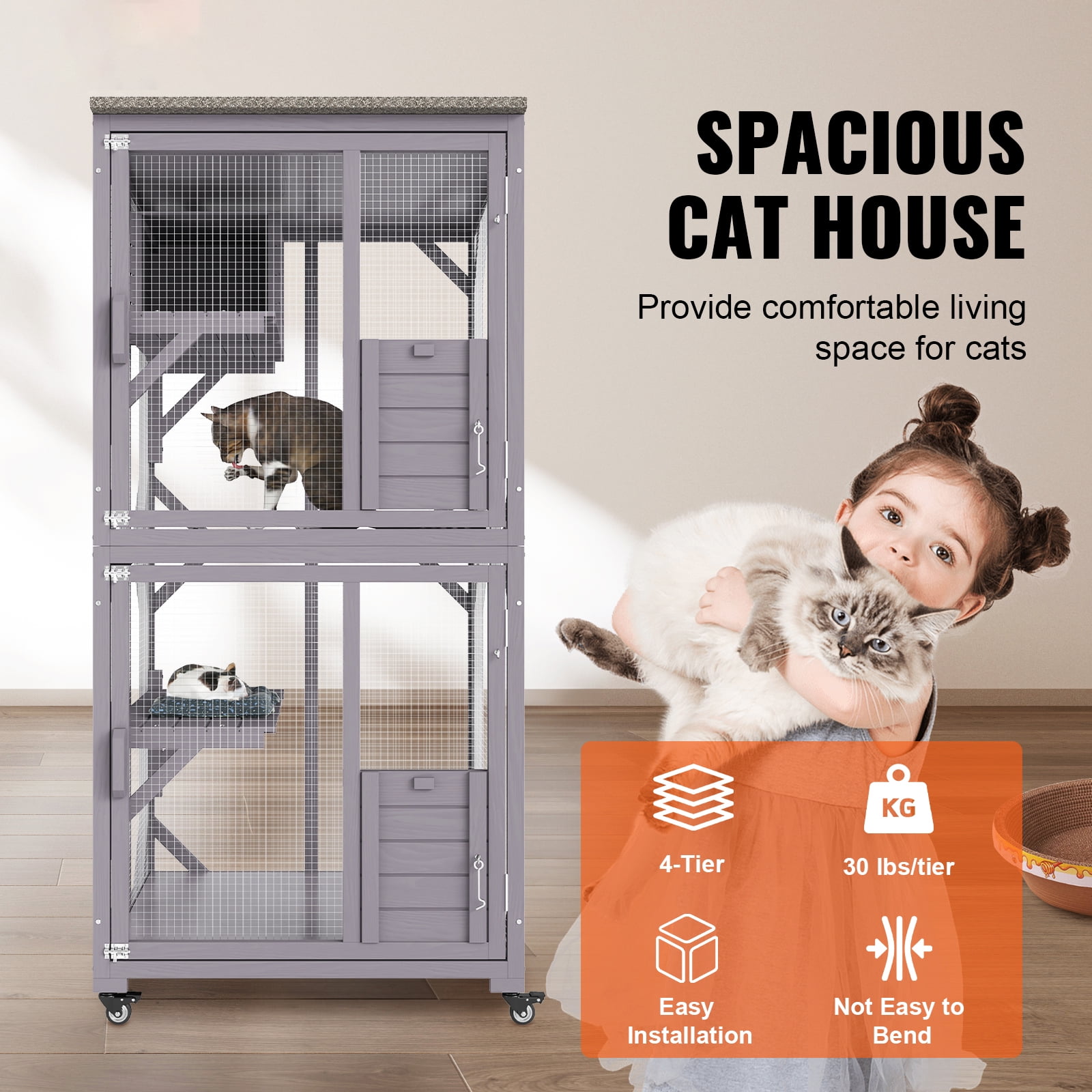 VEVOR Cat House Outdoor, 3-Tier Large Catio, Cat Enclosure with 360° Rotating Casters, 2 Platforms, A Resting Box and Large Front Door, 29.9 x 34 x 64.1 inch - Image 7