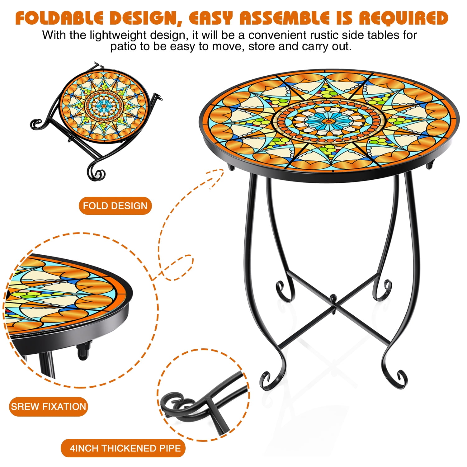 Rekopi 17 inch Table Round Outdoor End Tables Patio Mosaic Tabletop Coffee Table for Living Room, Indoor Outdoor, 2 Pack - Image 7