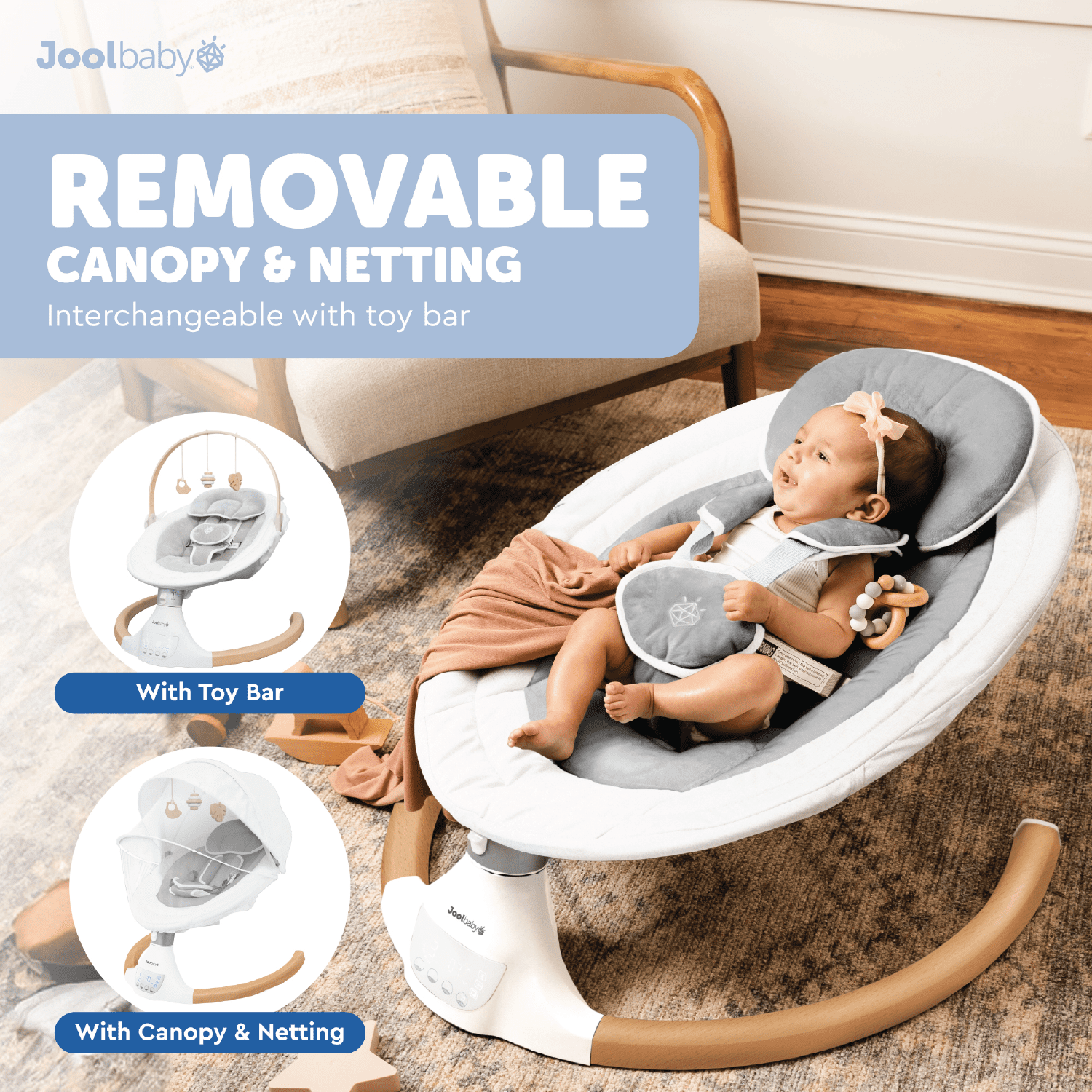 Jool Baby Nova Nature Baby Swing for Newborns – Electric Motorized Infant Swing with Bluetooth Music, Remote & Natural Wood Toys - Image 6
