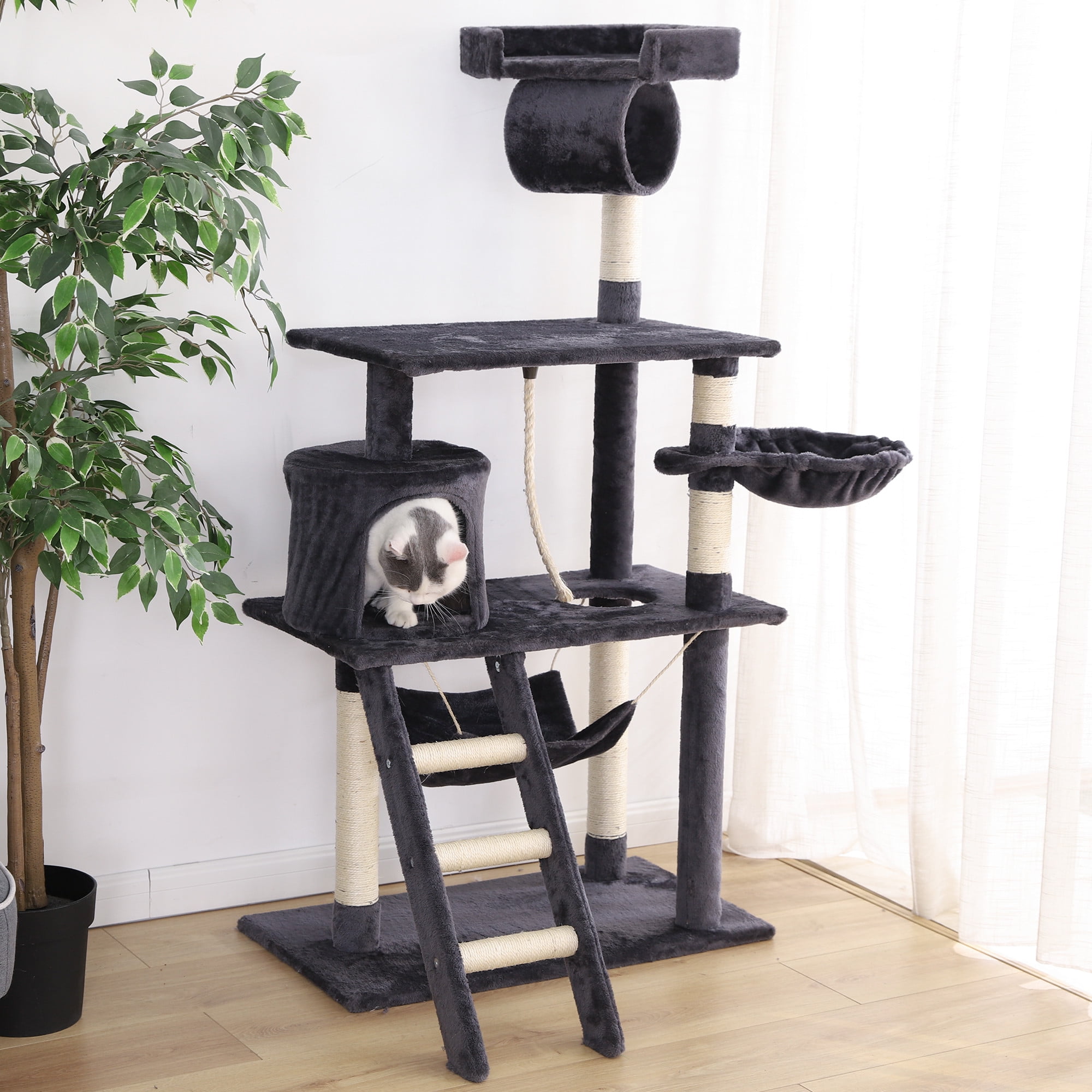 55.5" Muti-Tier Dark-Gray Cat Tree Towel, Cat Play Furniture with Sisal Covered Scratching Posts and Ladders, Playhouse with Perches, Platforms, and Basket for Kitten to Climb, Play&Chase - Image 3