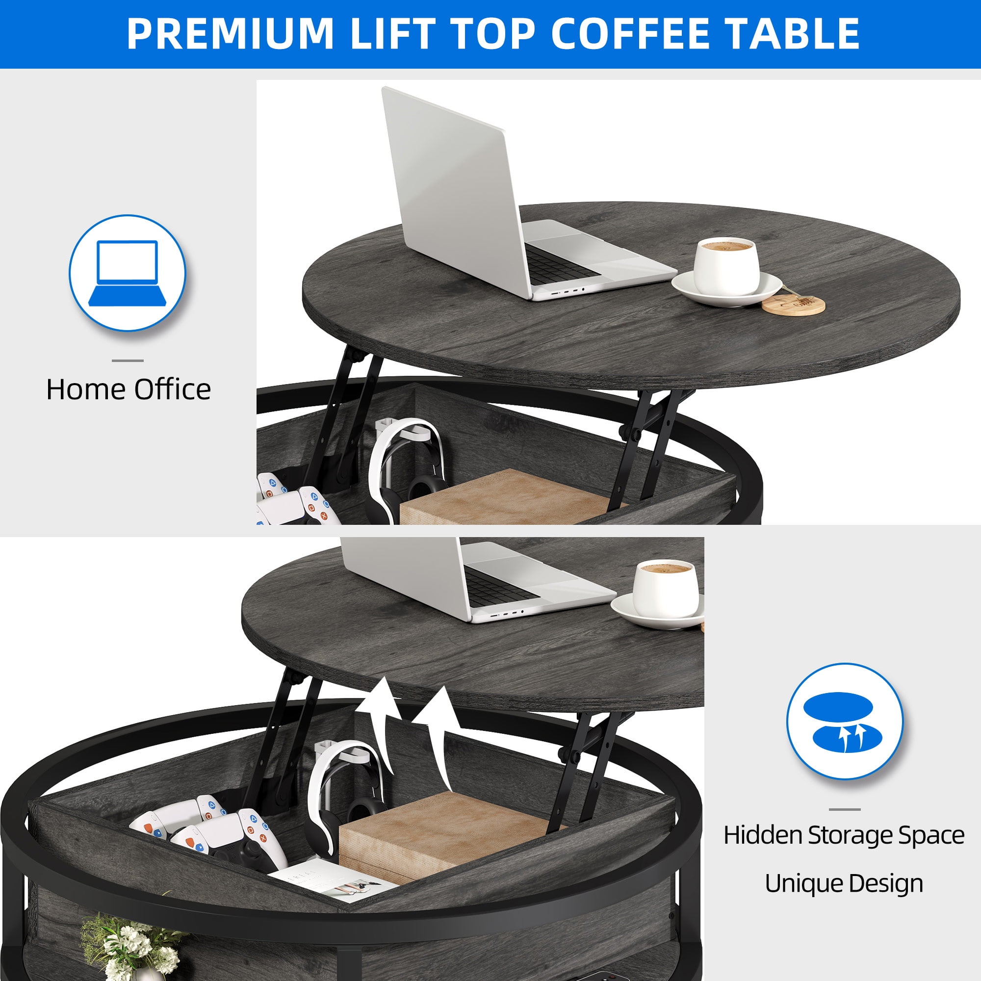 Dextrus Modern Lift Top Coffee Table with Storage, Round Center Tables for Living Room, Home Office, Gray - Image 2