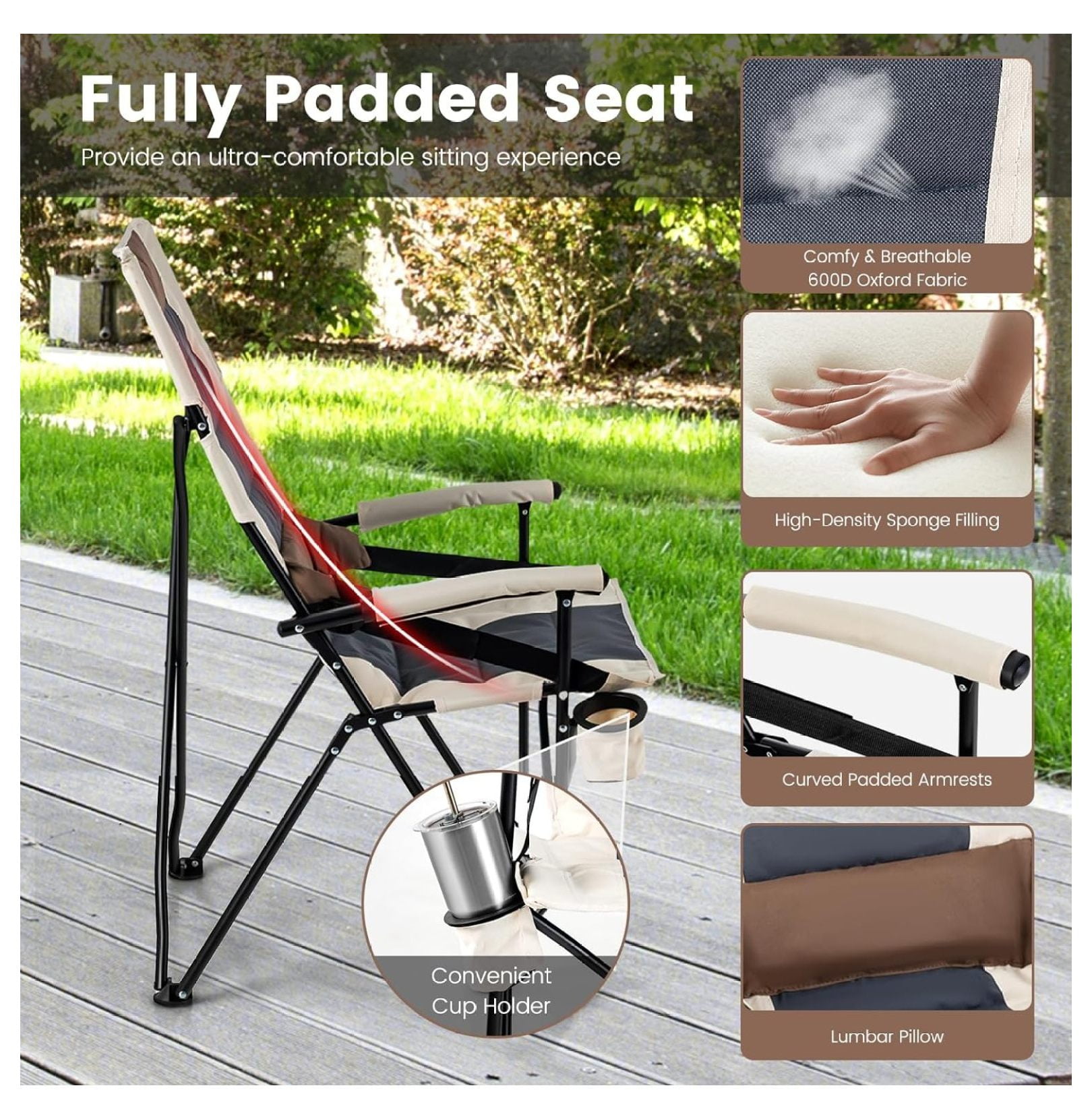Folding Camping Chair, Portable Lightweight Camp Chair with Lumbar Support, Padded Seat, Carrying Bag, Cup Holder, Outdoor Lawn Chair for Yard Fishing Travel, No Assembly Needed - Image 2