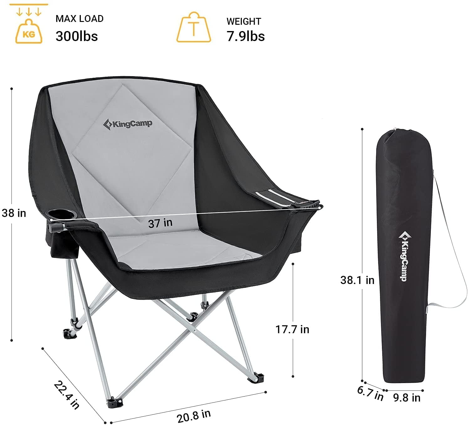 KingCamp Oversized Fully Padded Camping Chair for Adults, Support 330lbs Outdoor Folding Camping Sofa Chair with Pocket, Heavy Duty Folding Round Camping Chair, Black Light Grey - Image 4