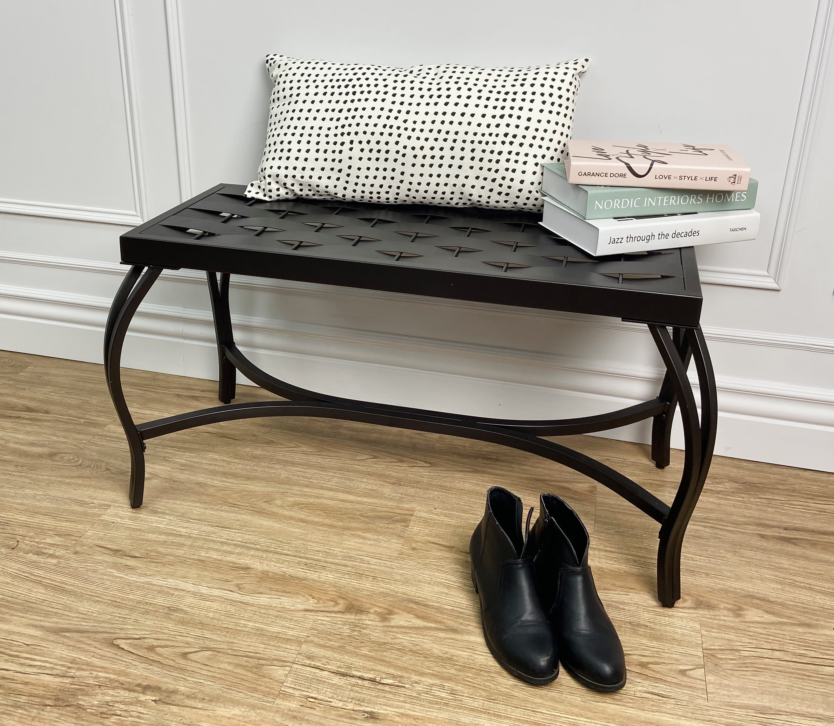 Mango Steam Free Standing Patio Garden Weave Bench, Metal Charcoal Black - Image 2