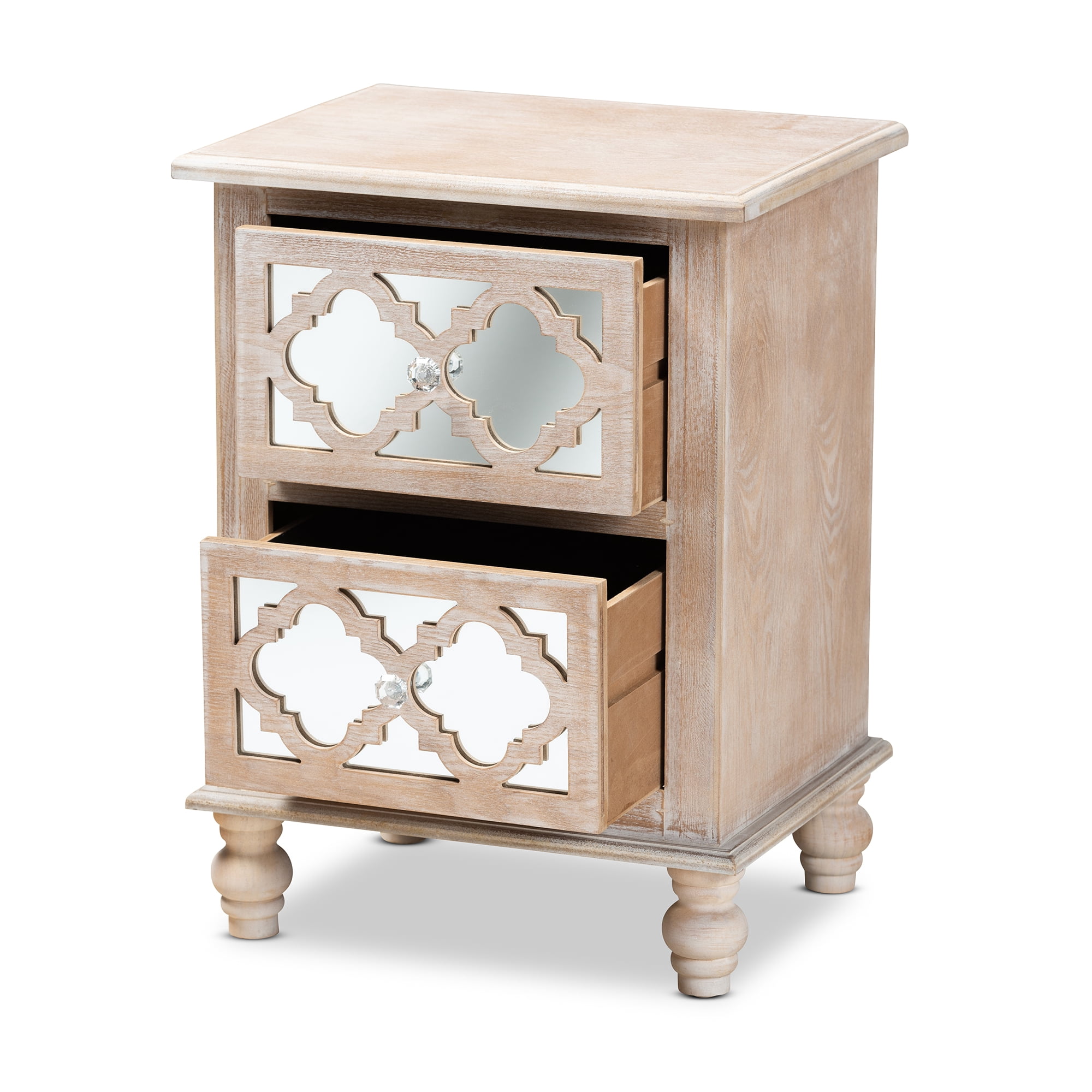 Baxton Studio Celia Transitional Rustic French Country White-Washed Wood and Mirror 2-Drawer Quatrefoil End Table - Image 6