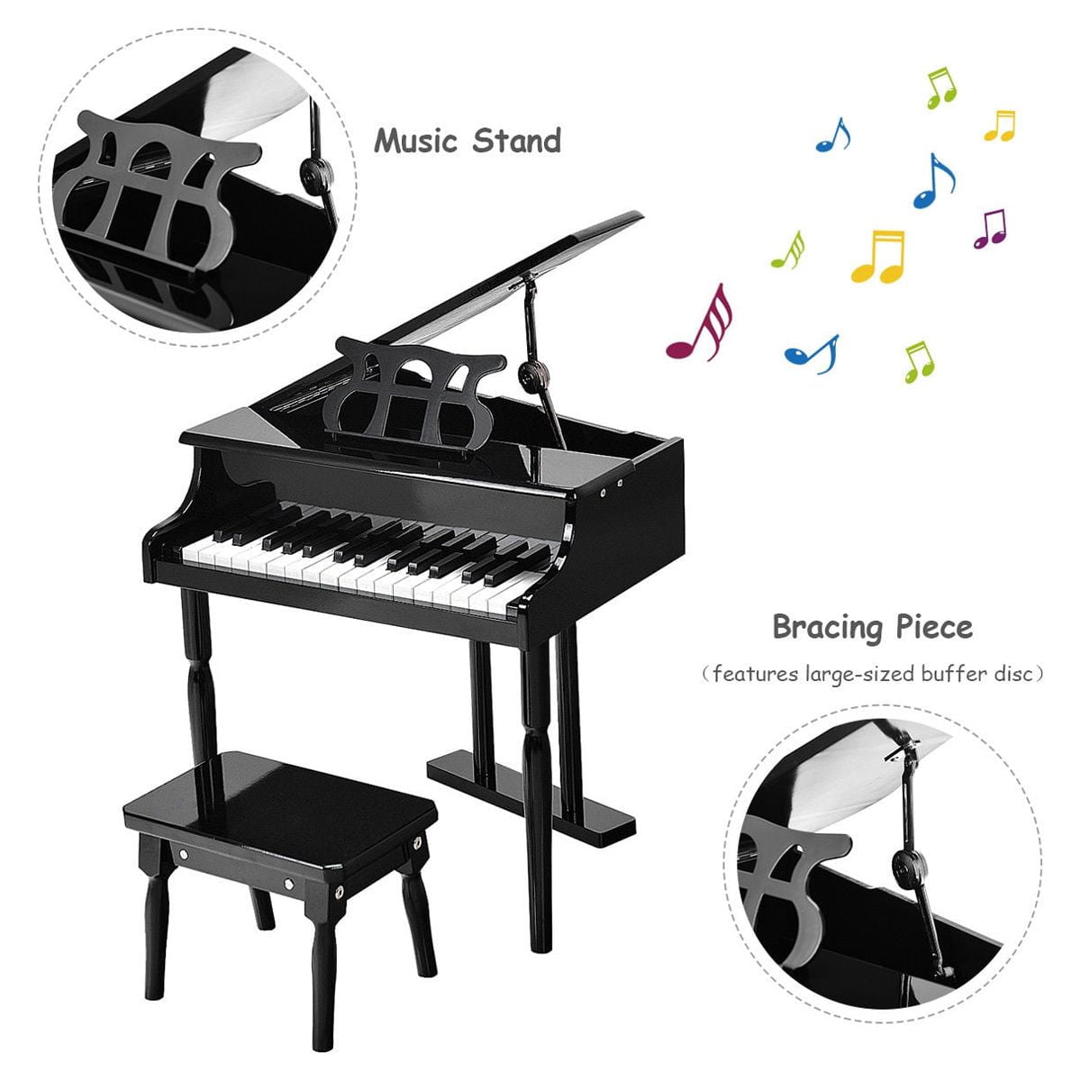 Costway Children 30 Key Toy Grand Baby Piano with Kids Bench Wood Black - Image 9