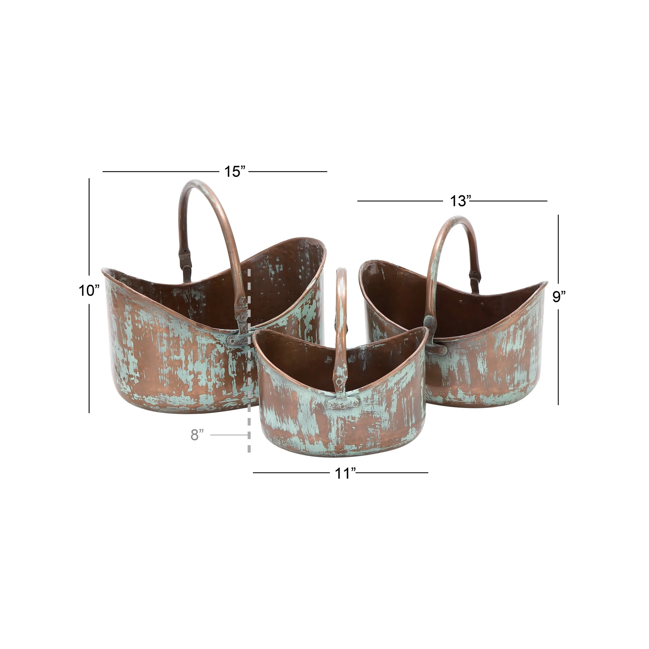 DecMode 15", 13", 11"W Patina Tulip Style Bucket Copper Metal Planter with Stationary Handles (3 Count) - Image 5