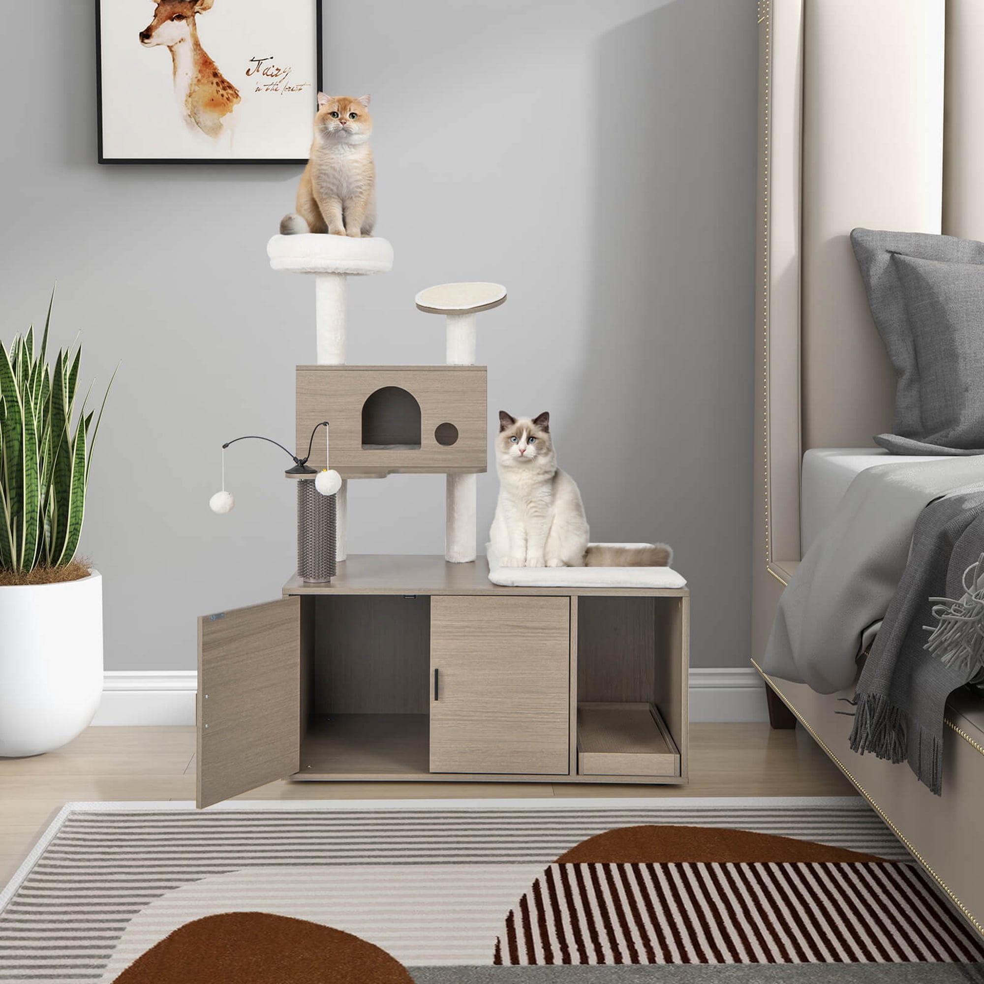Gymax Cat Tree with Litter Box Enclosure 2-in-1 Modern Cat Tower with Cat Condo - Image 3