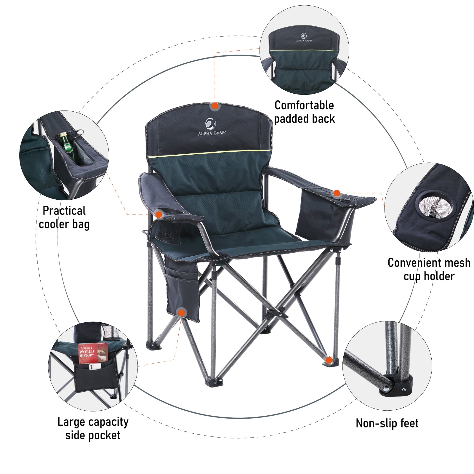 Alpha Joy Oversized Camping Chair Portable Padded Quad Chair Heavy Duty Lawn Chair Steel Frame Arm Chair with Cooler 450LBS Weight Capacity Suitable for Outdoor Camping, Green,Adult - Image 4