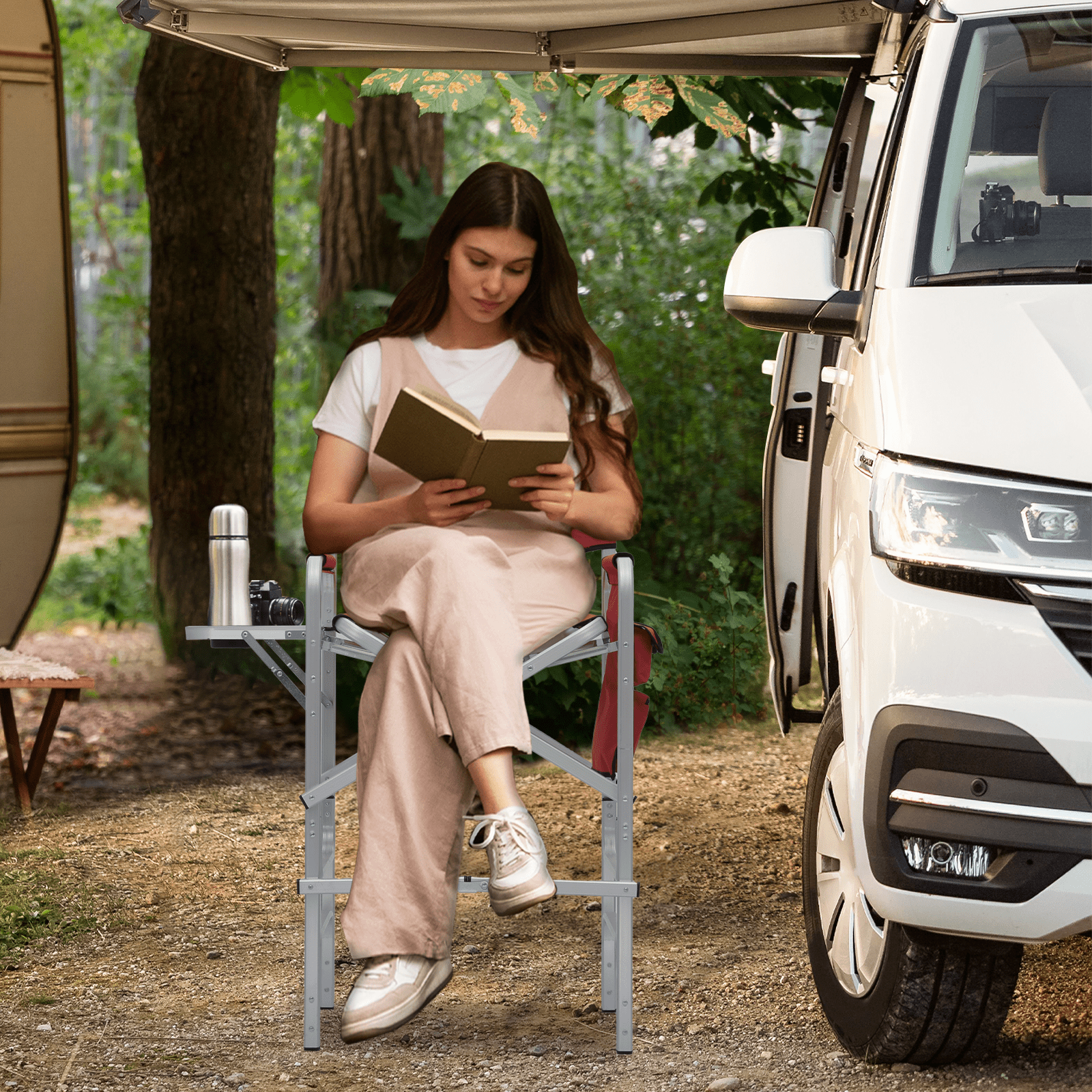 Magshion Folding Camping Director Chair with Side Table & Storage Pocket, for Adult Beach, Fishing Trip Picnic Lawn Concert Outdoor, Red - Image 2