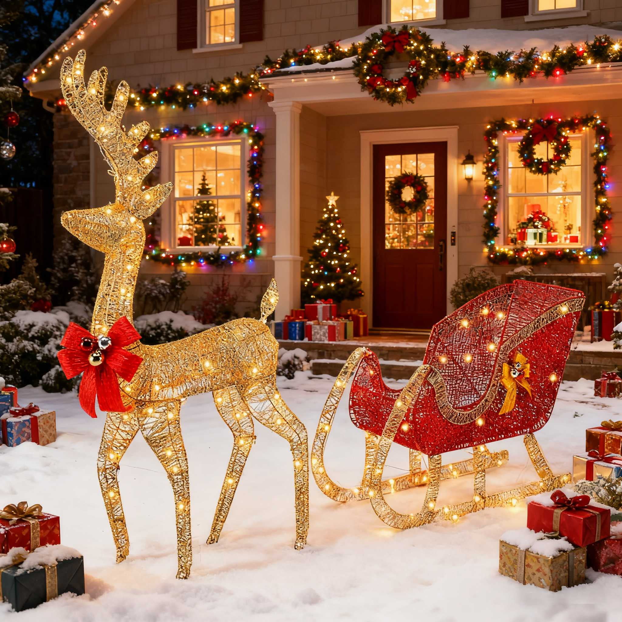 Zimtown Christmas Reindeer Set Outdoor Yard Decoration 4ft Reindeer & Sleigh LED Lights - Golden - Image 7