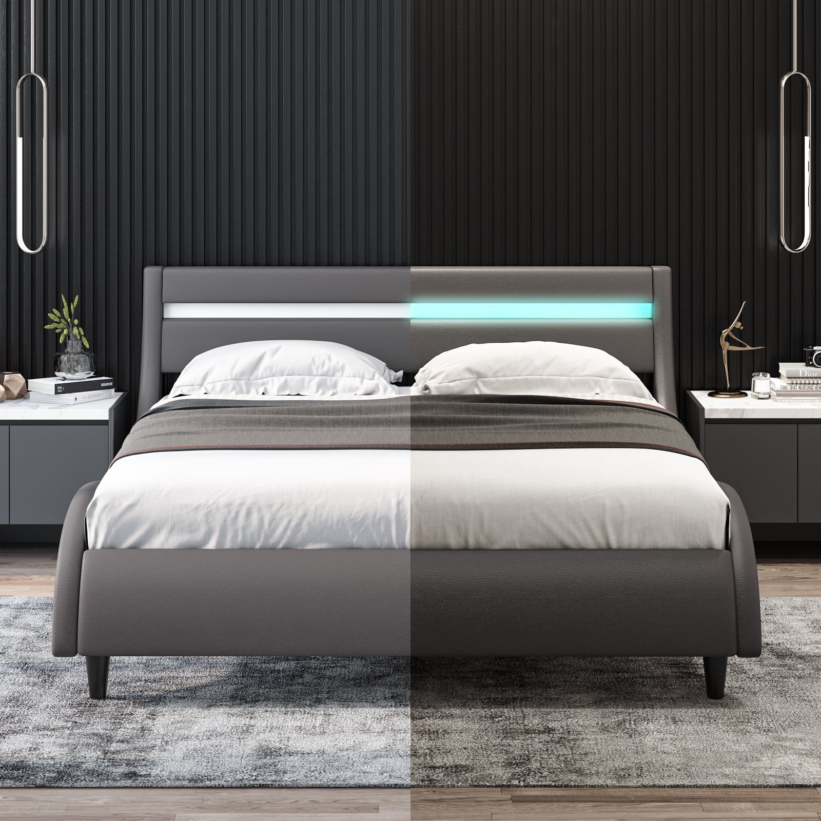 Homfa Queen Size Led Bed Frame, Upholstered Platform Bed with 16 Color Led Headboard, Gray - Image 4