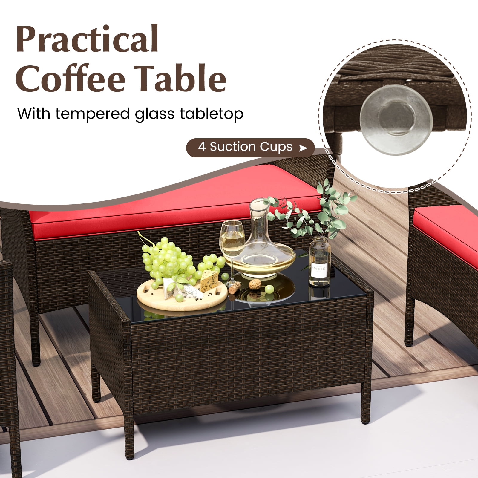 Gymax 4PCS Outdoor Furniture Set Patio Rattan Conversation Set w/ Red Cushion - Image 9