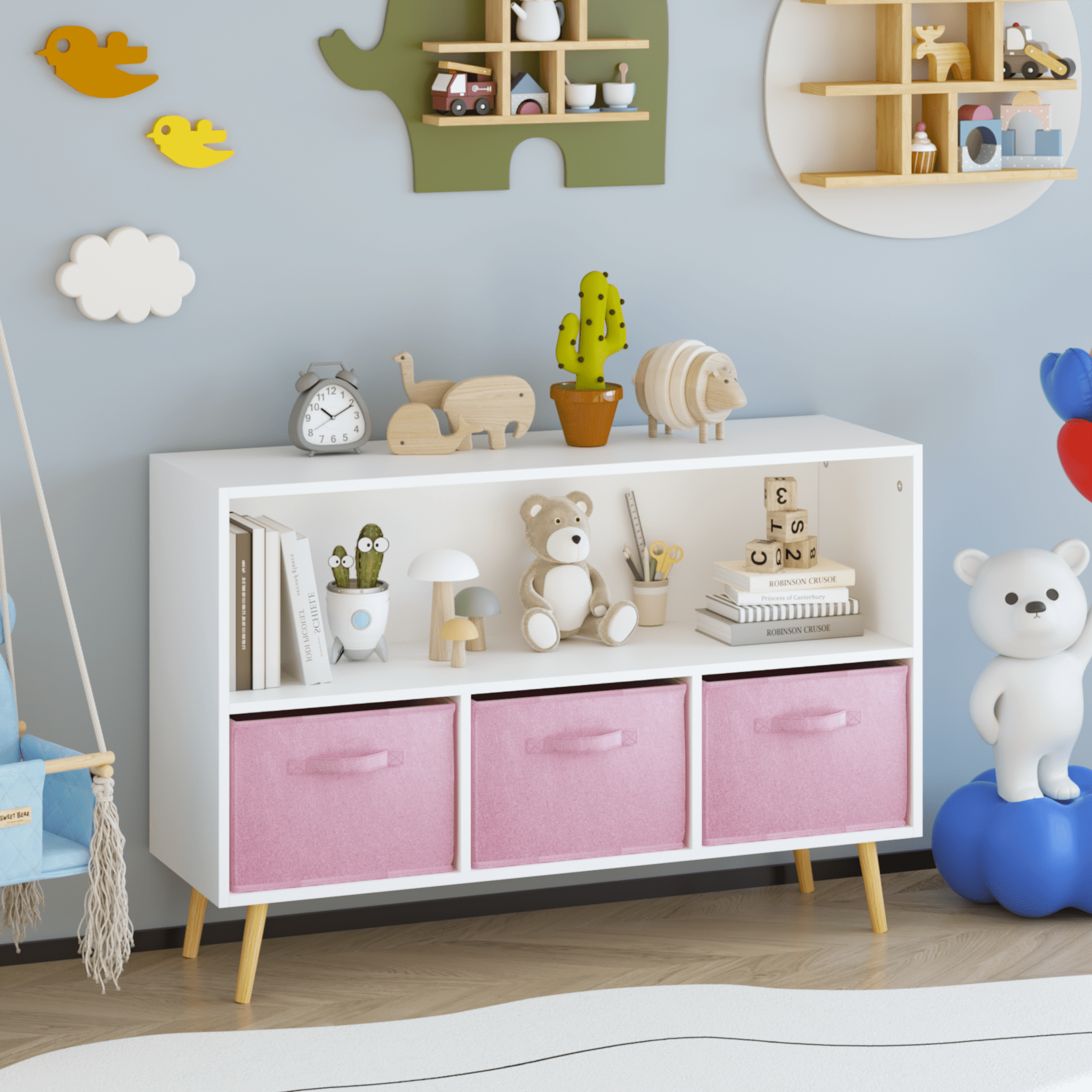 PORKISS Kids Bookshelf, Wood Kids Bookcase with 3 Collapsible Fabric Drawers, Freestanding Bookshelf for Kids, Modern Toy Storage Organizer for Kids Room, Living Room, Easy to Assembly, White/Pink - Image 9