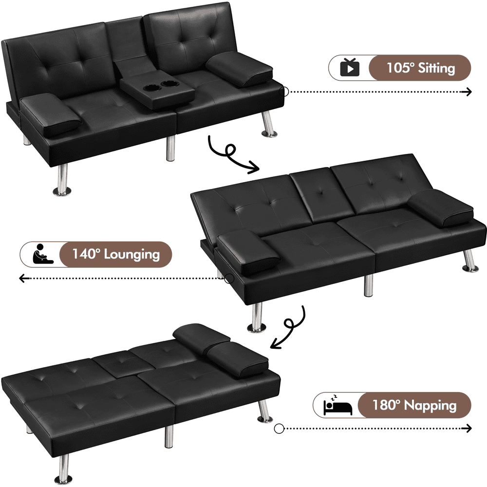 Renwick Modern Faux Leather Futon Sofa Bed Convertible Folding Couch with Cup Holders, Black - Image 8