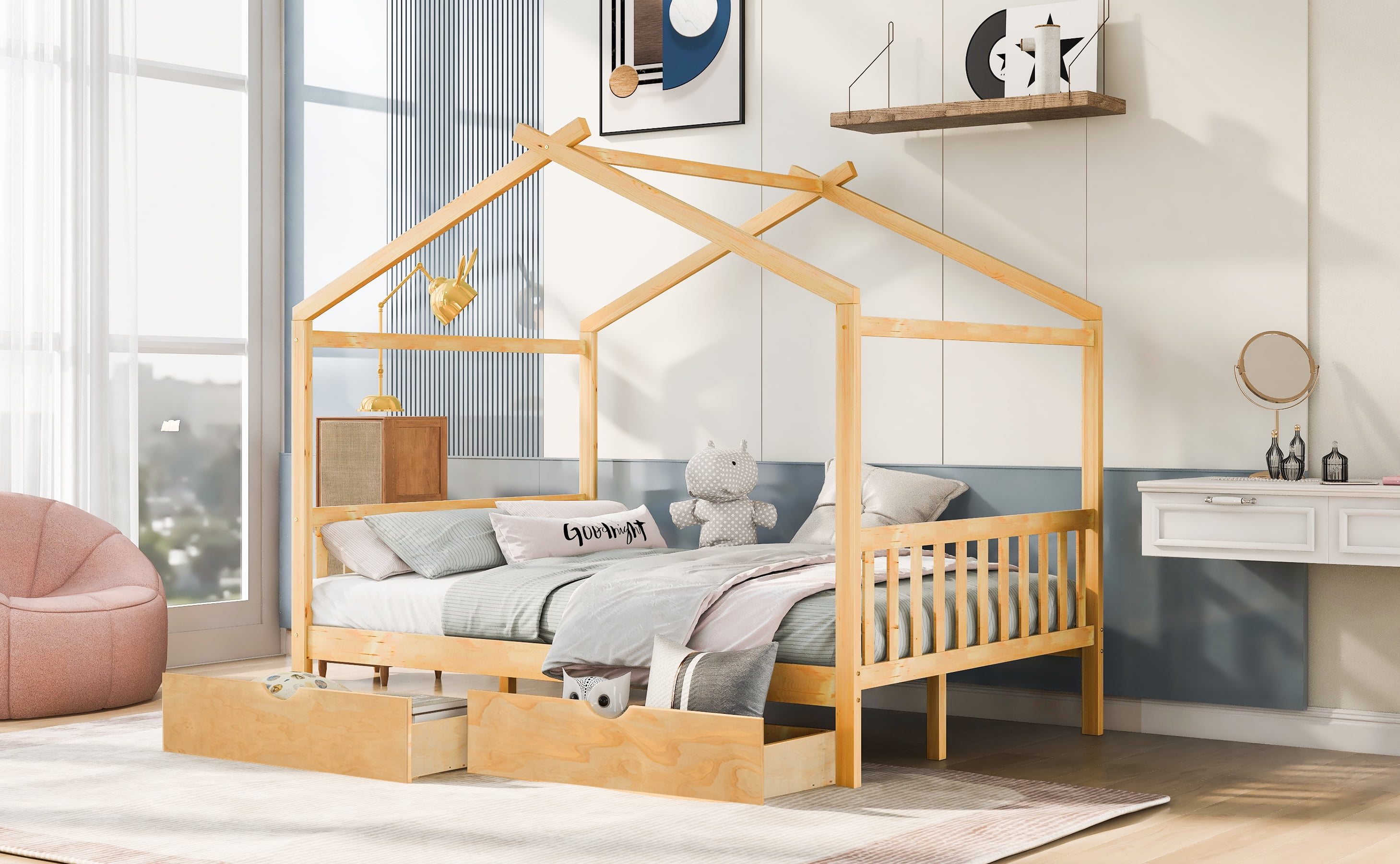 EUROCO Full Size House Bed with Two Drawers for Kids, Solid Wood Platform Bed for Living Room, Natural - Image 8
