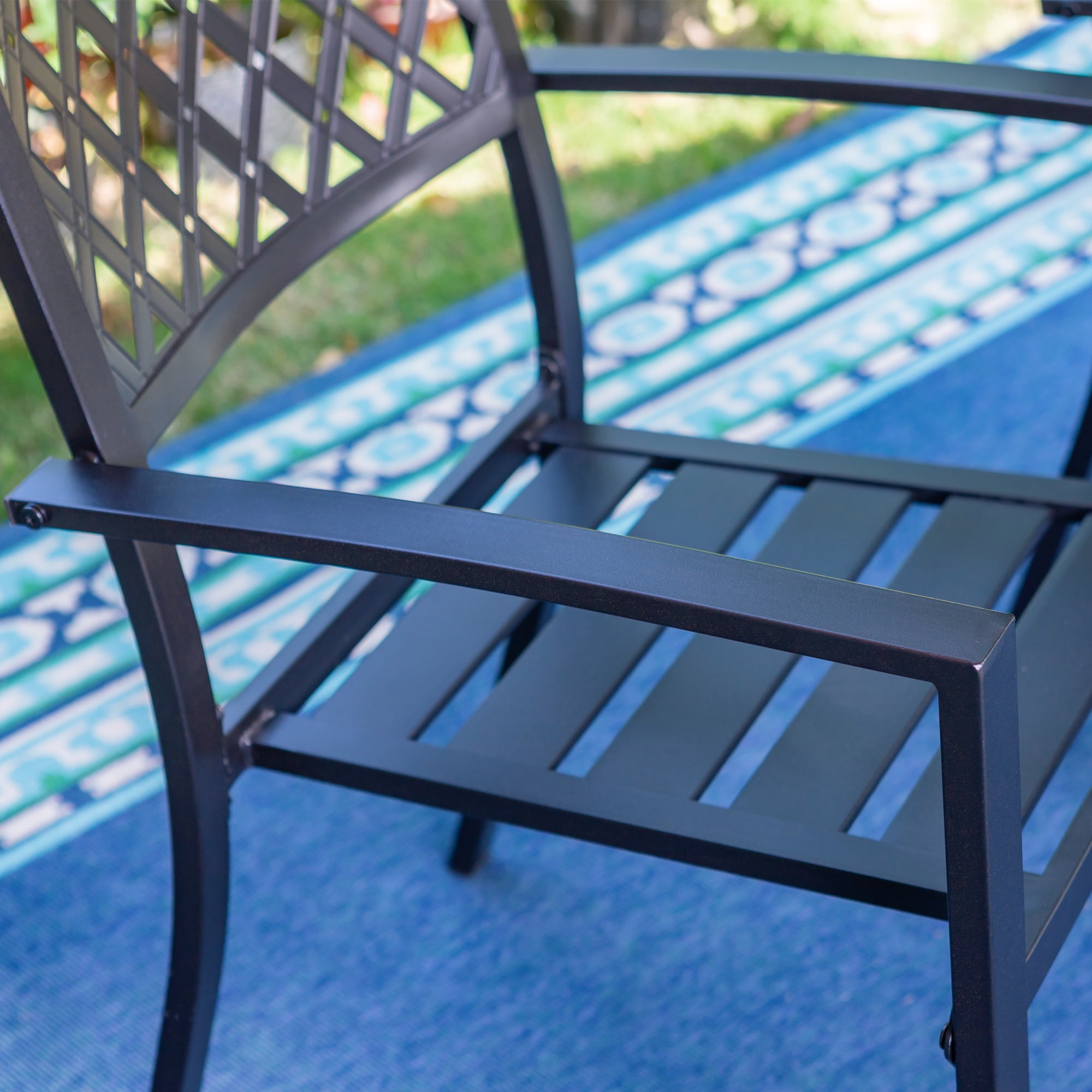 MF Studio 4-Piece Outdoor Conversation Set with 9 ft Umbrella, Side Table & Two Stack-able Chairs, Black & Beige - Image 3