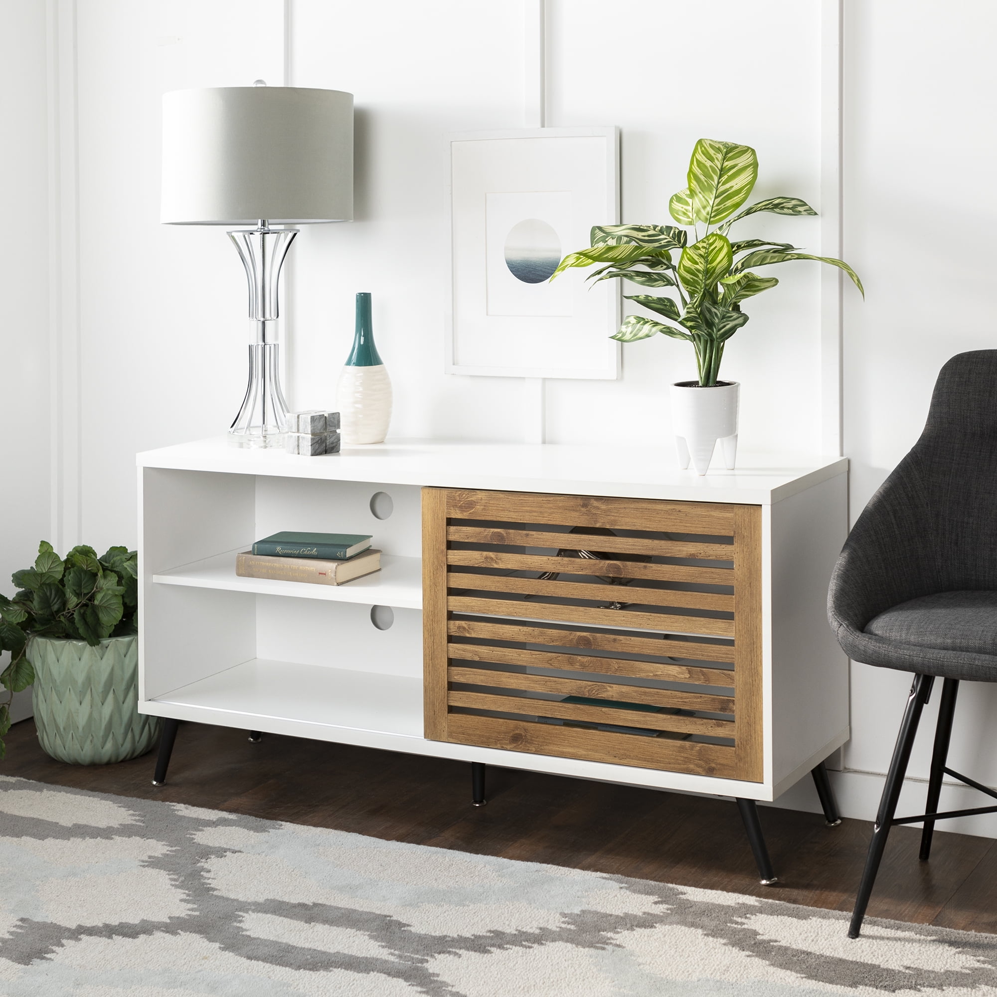 Desert Fields Mid Century Modern TV Stand for TVs up to 58", White/Barnwood - Image 9