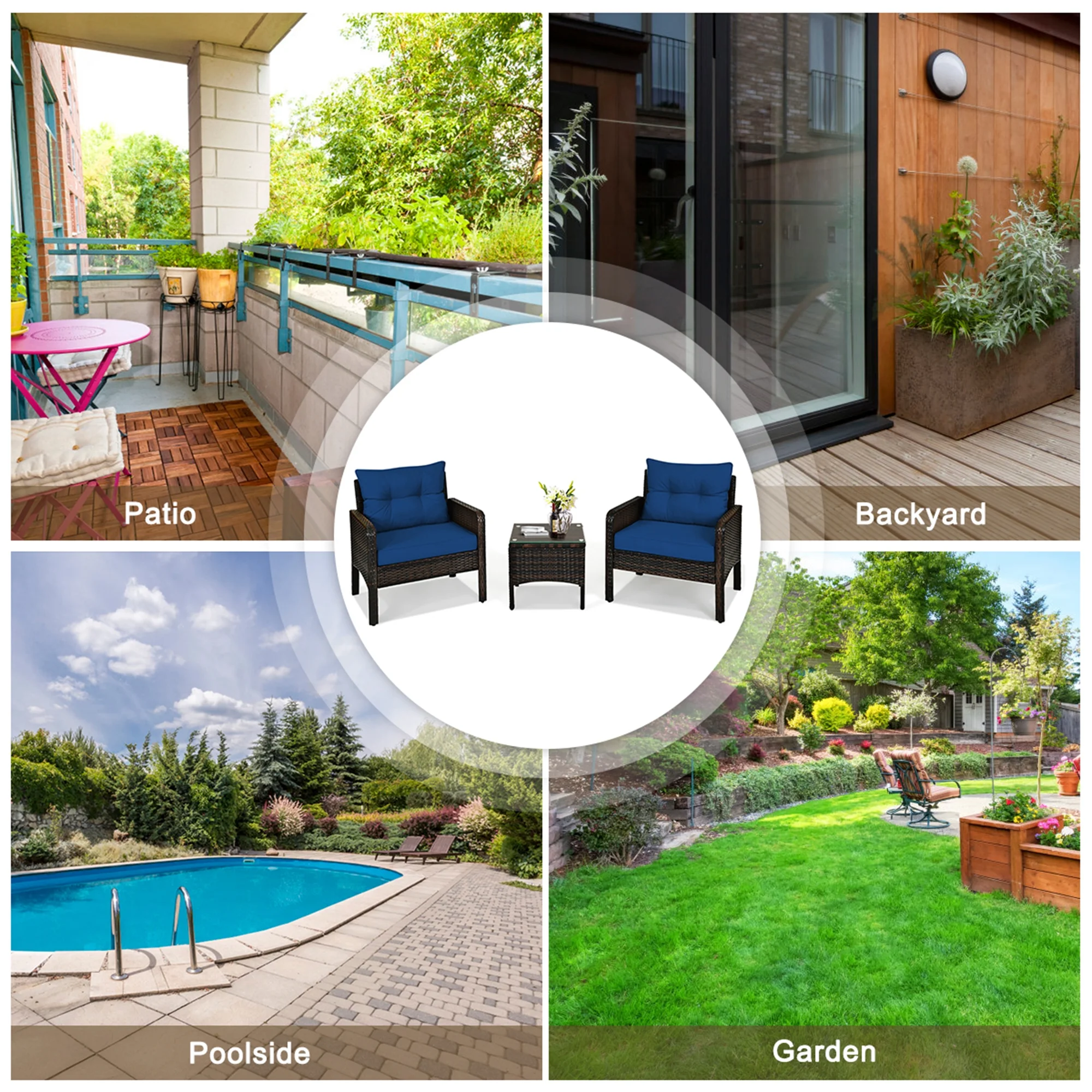 Gymax 3PCS Rattan Patio Conversation Furniture Set Yard Outdoor w/ Navy Cushions - Image 4